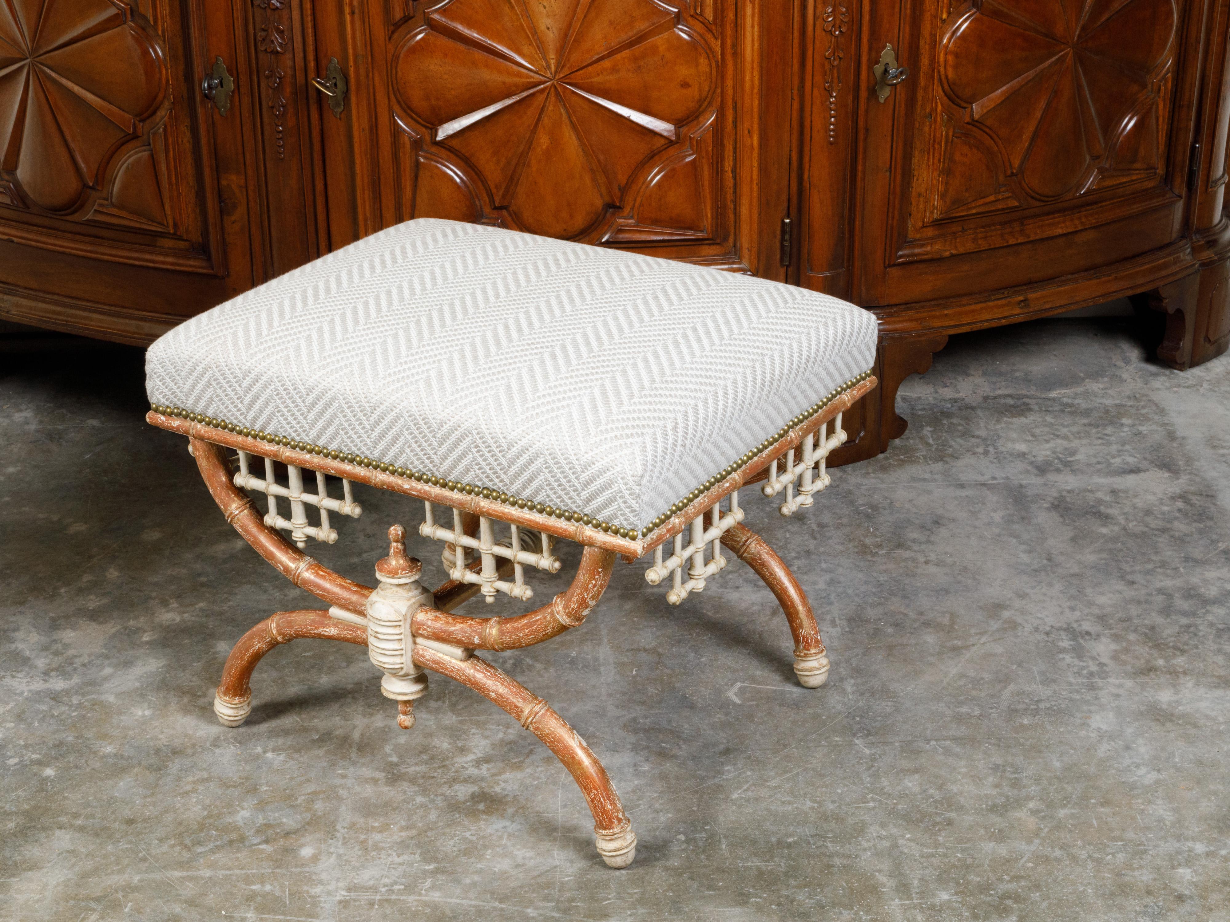 English Chinese Chippendale Style Faux Bamboo Stool with New Upholstery For Sale 3