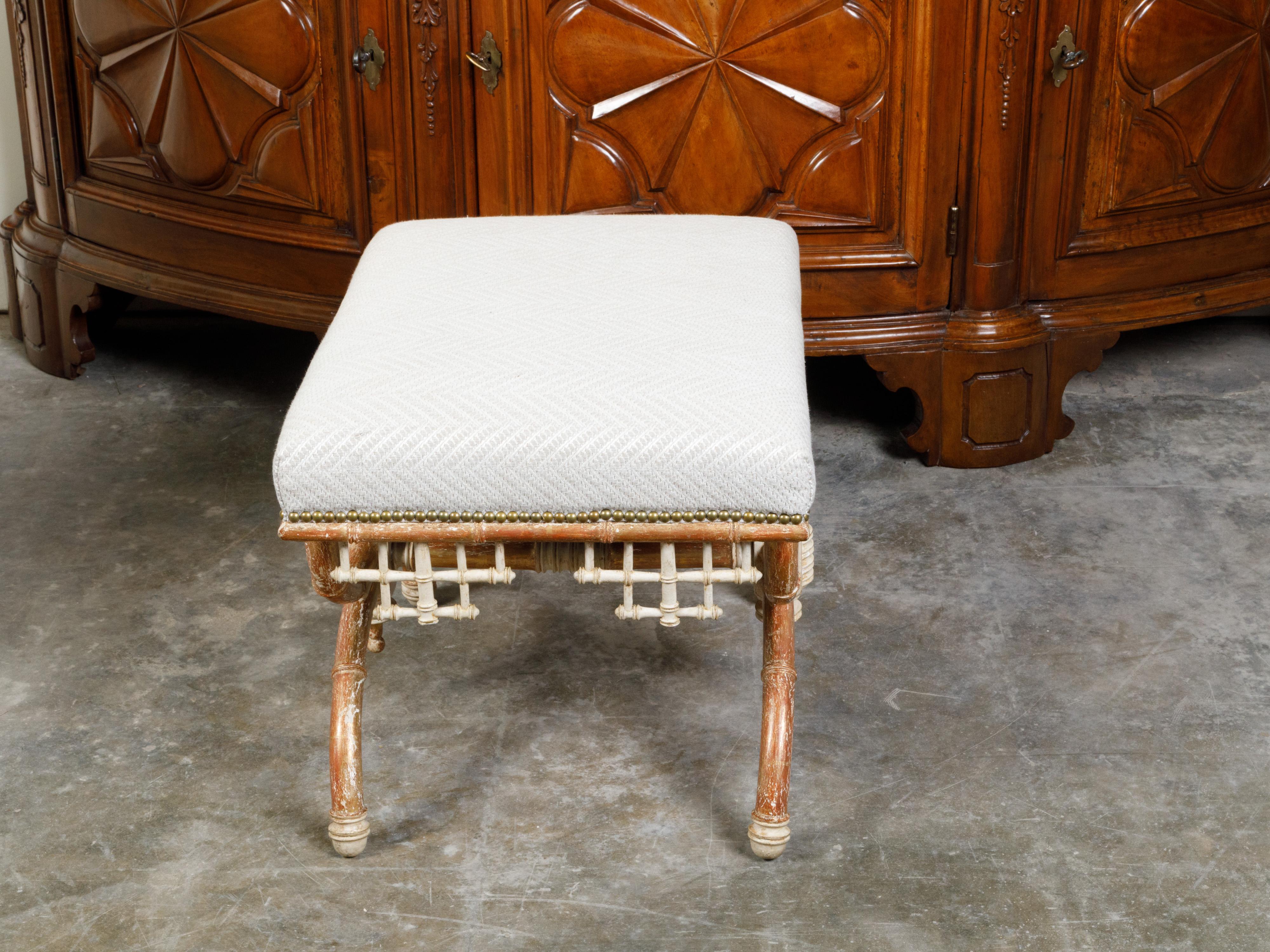 English Chinese Chippendale Style Faux Bamboo Stool with New Upholstery For Sale 4