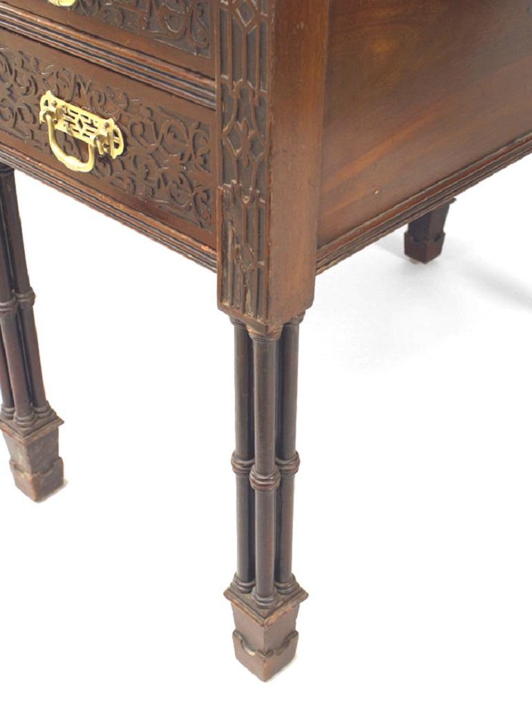 English Chinese Chippendale style (19th Century) mahogany 6 cluster legged desk with carved lattice design (signed EDWARDS & ROBERTS).
      