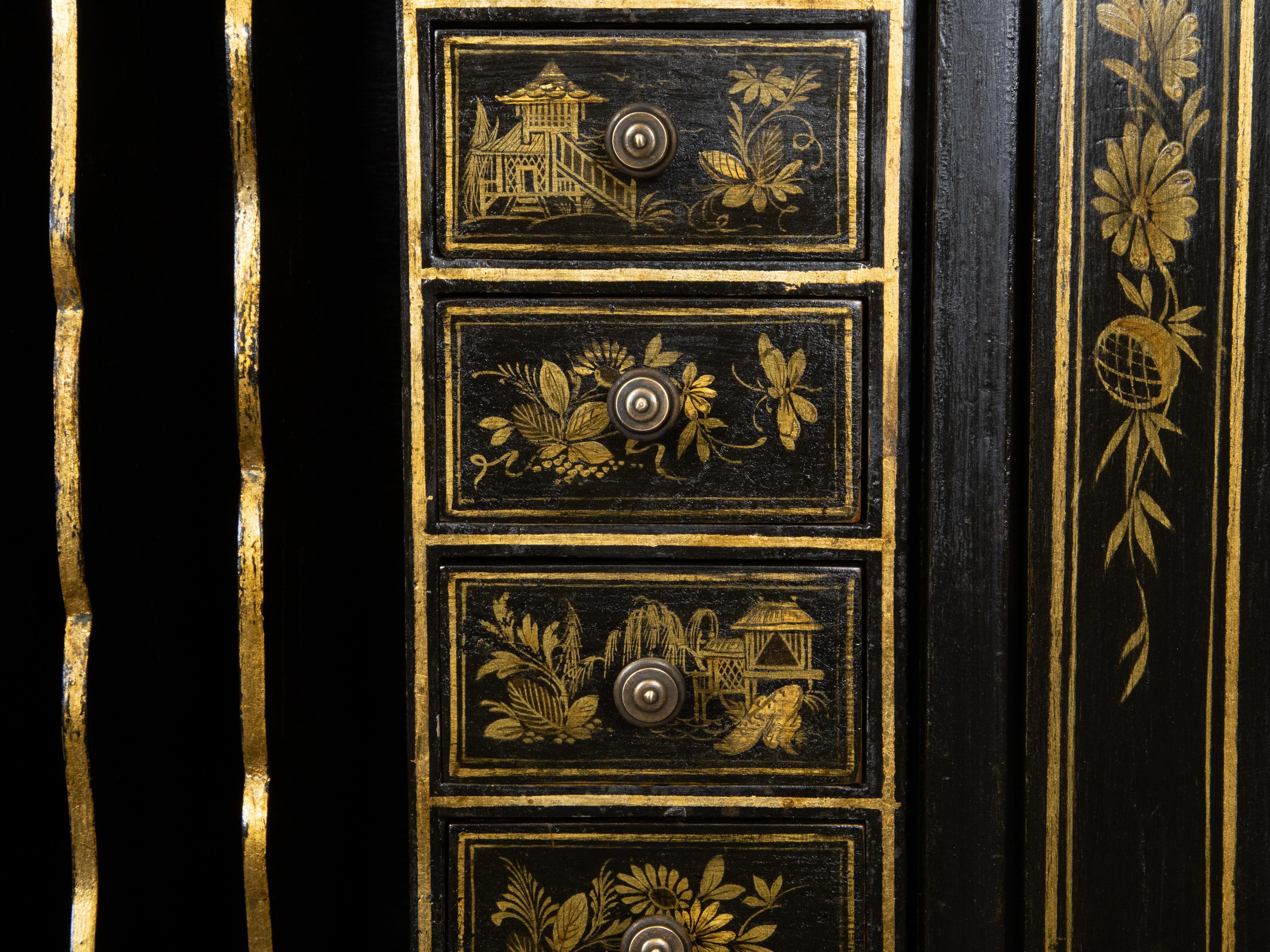 English Chinoiserie 1920s Black and Gold Tall Secretary with Slant Front Desk 4