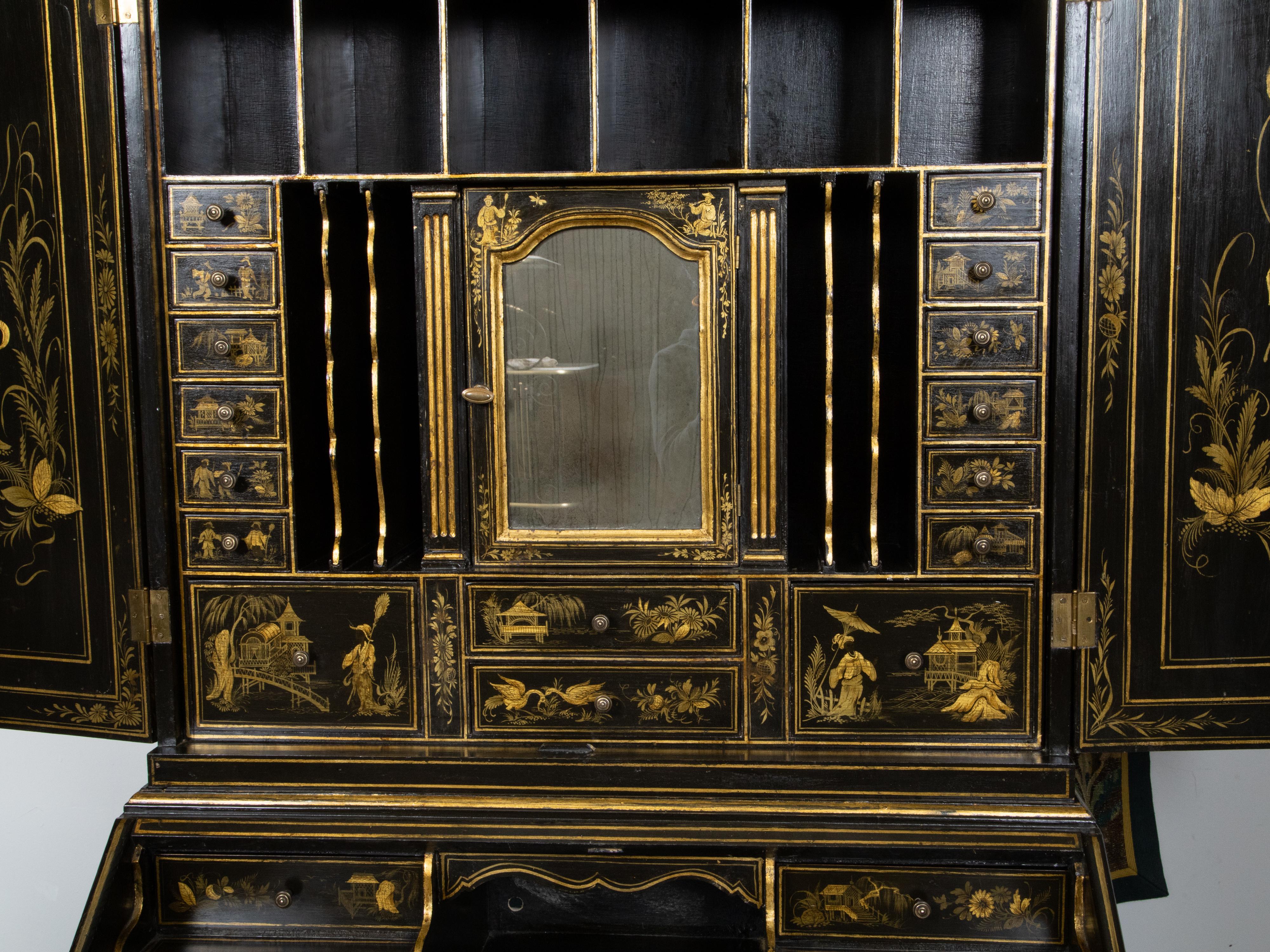 English Chinoiserie 1920s Black and Gold Tall Secretary with Slant Front Desk 5