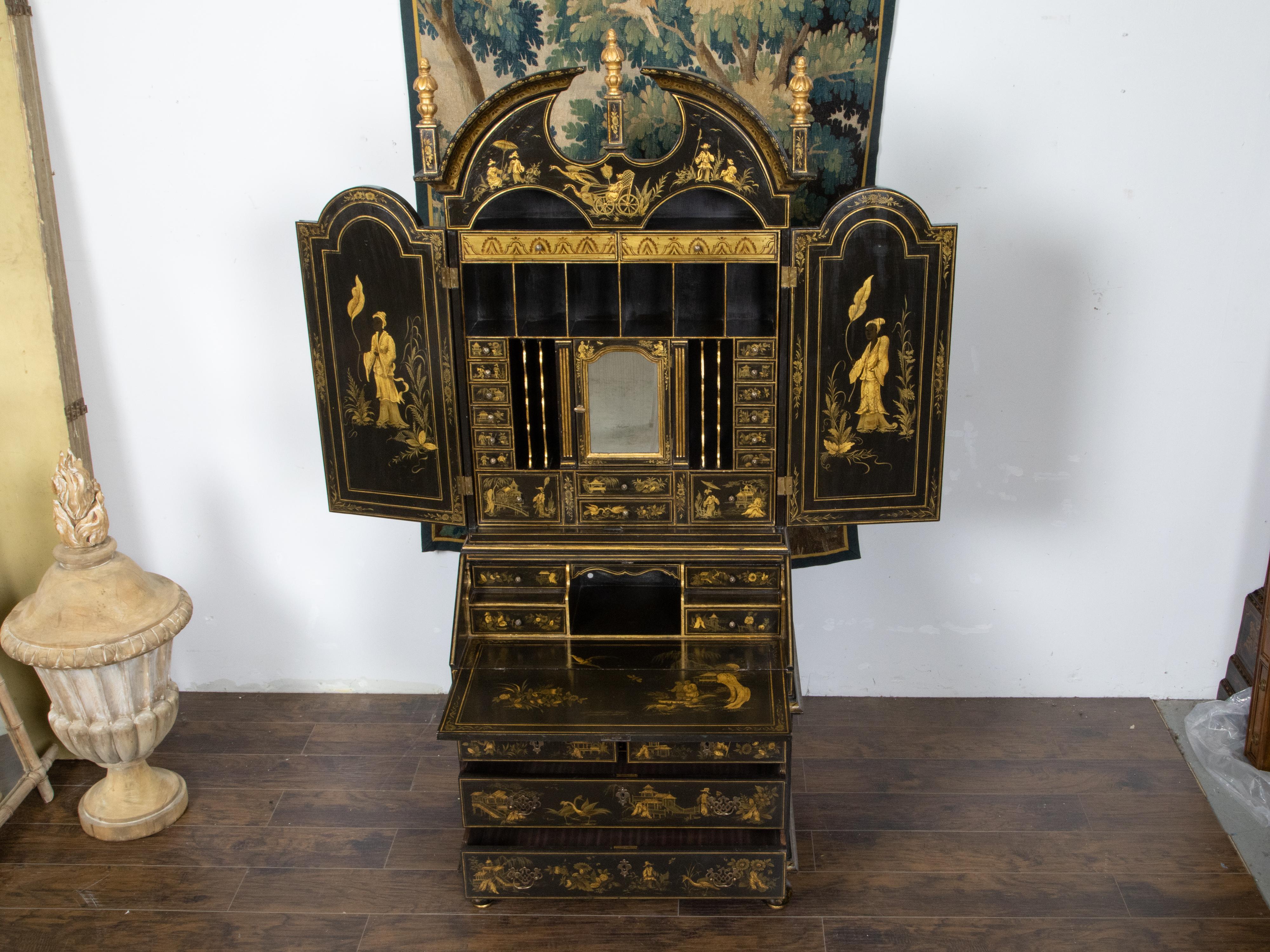 English Chinoiserie 1920s Black and Gold Tall Secretary with Slant Front Desk 6