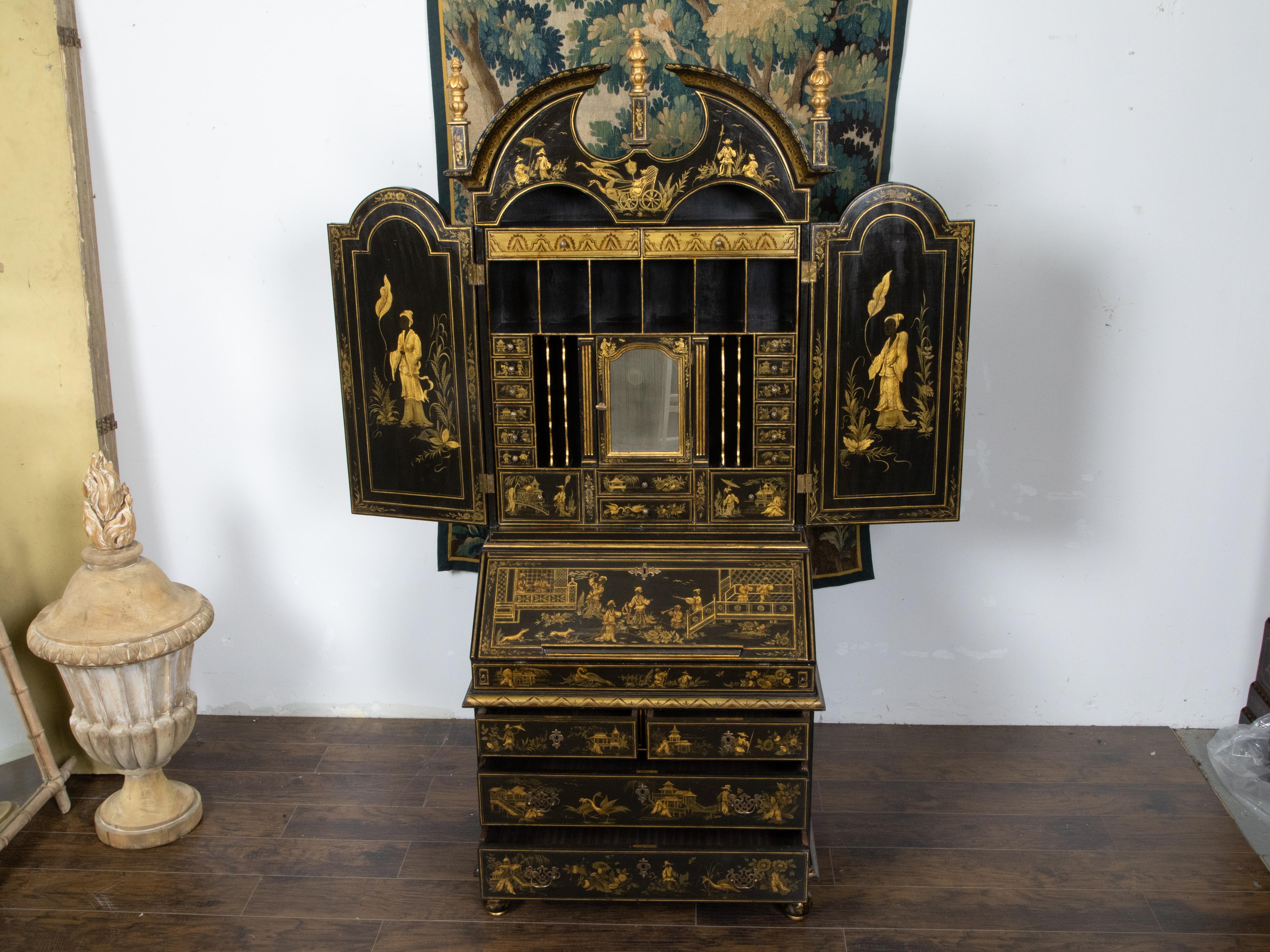 English Chinoiserie 1920s Black and Gold Tall Secretary with Slant Front Desk 7