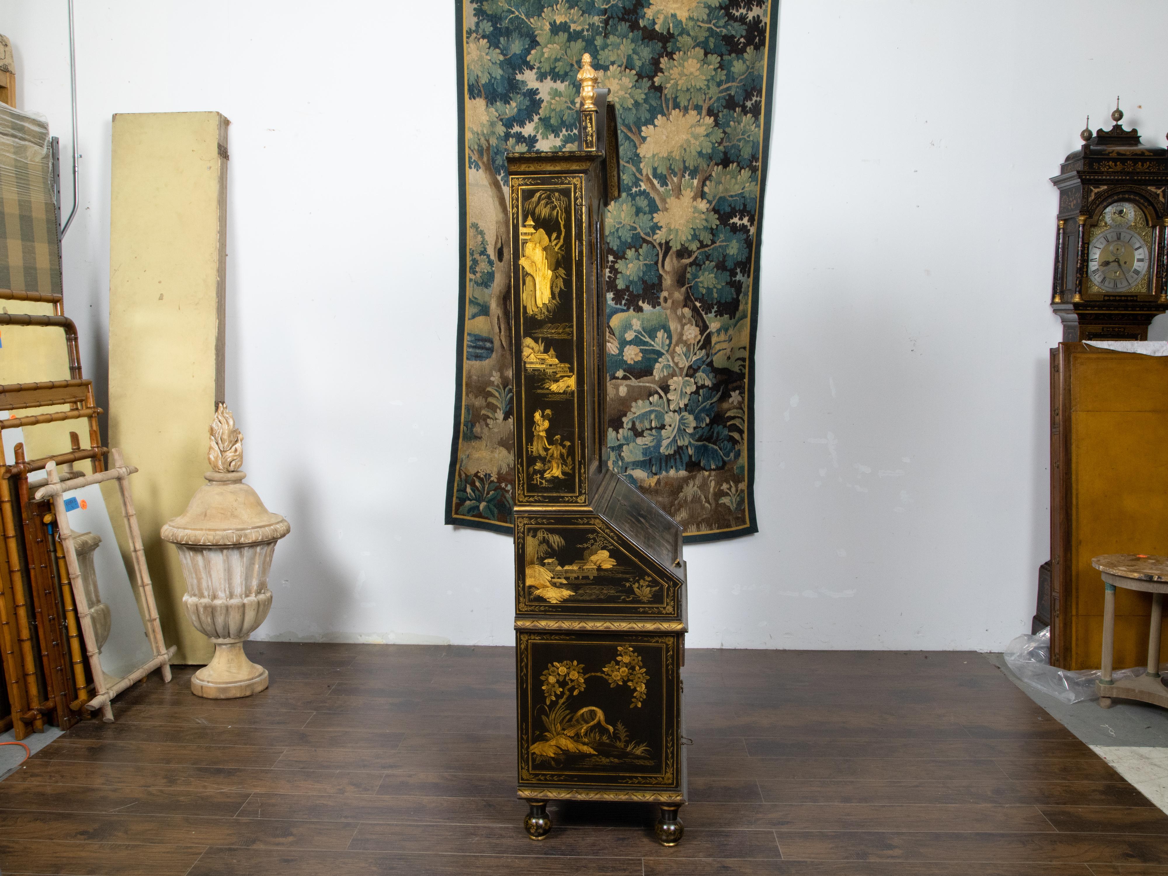 Japanned English Chinoiserie 1920s Black and Gold Tall Secretary with Slant Front Desk