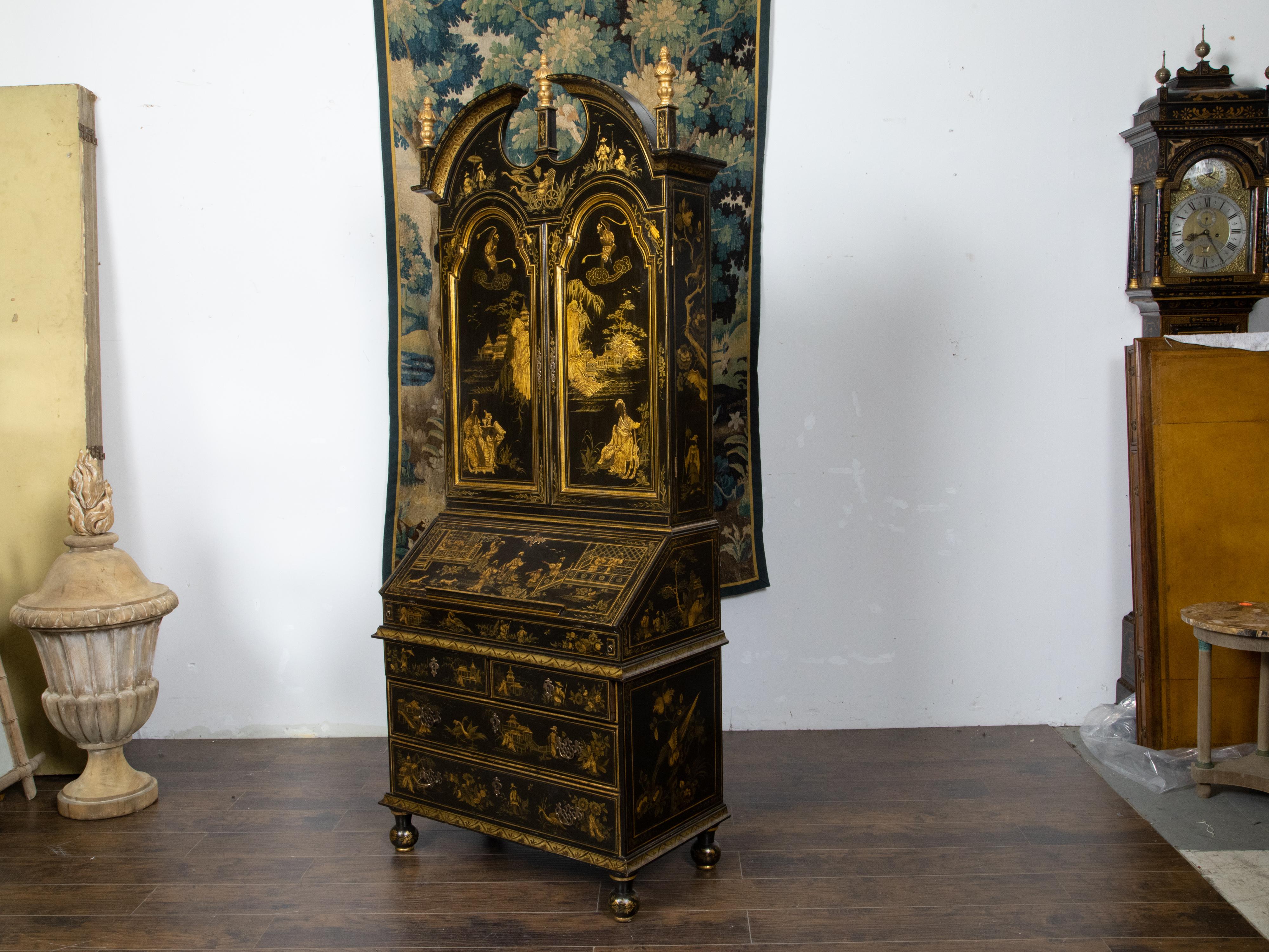 Wood English Chinoiserie 1920s Black and Gold Tall Secretary with Slant Front Desk