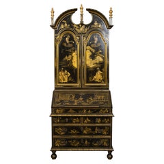 English Chinoiserie 1920s Black and Gold Tall Secretary with Slant Front Desk