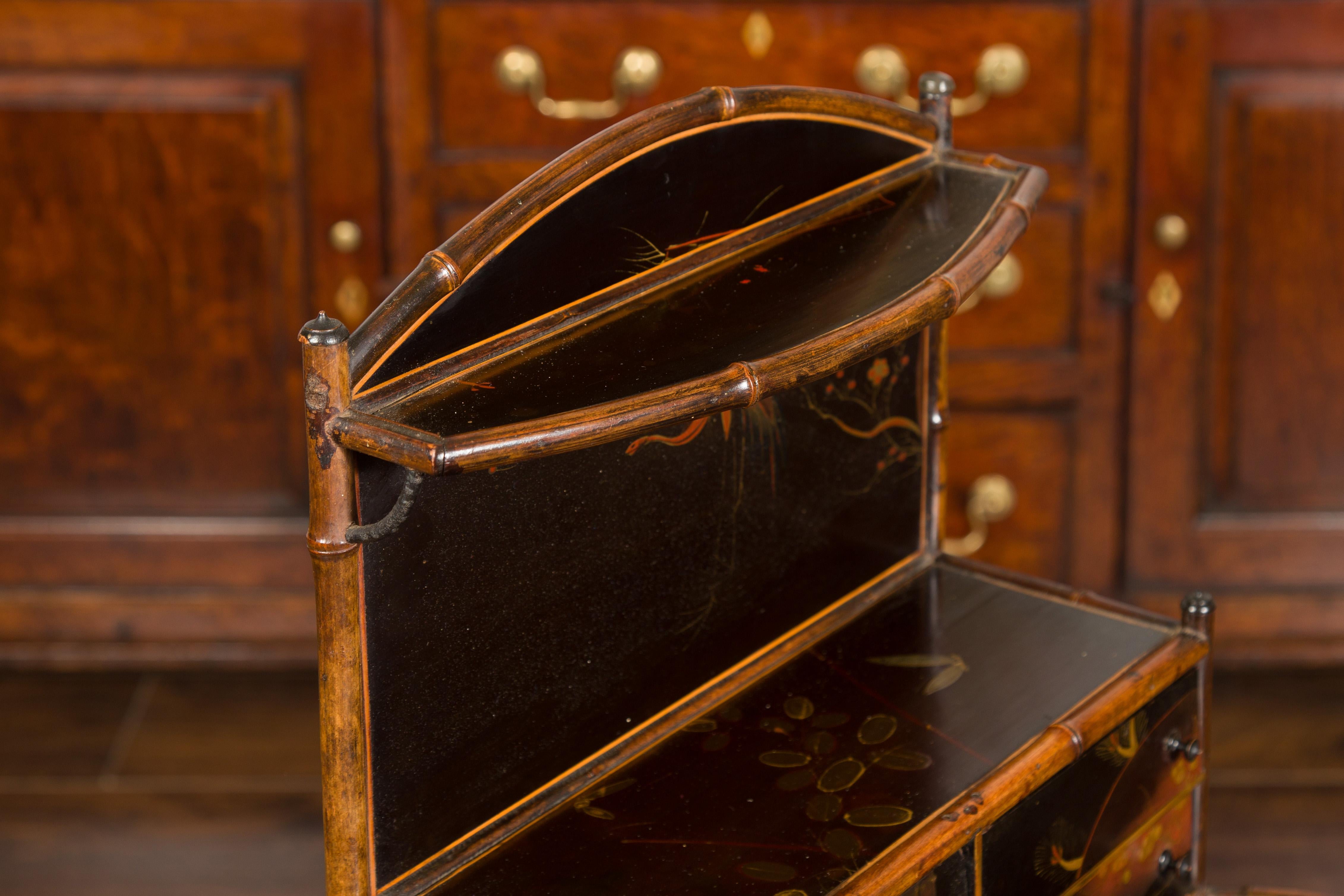 English Chinoiserie Bamboo and Black Lacquer Freestanding Shelf, circa 1900 5