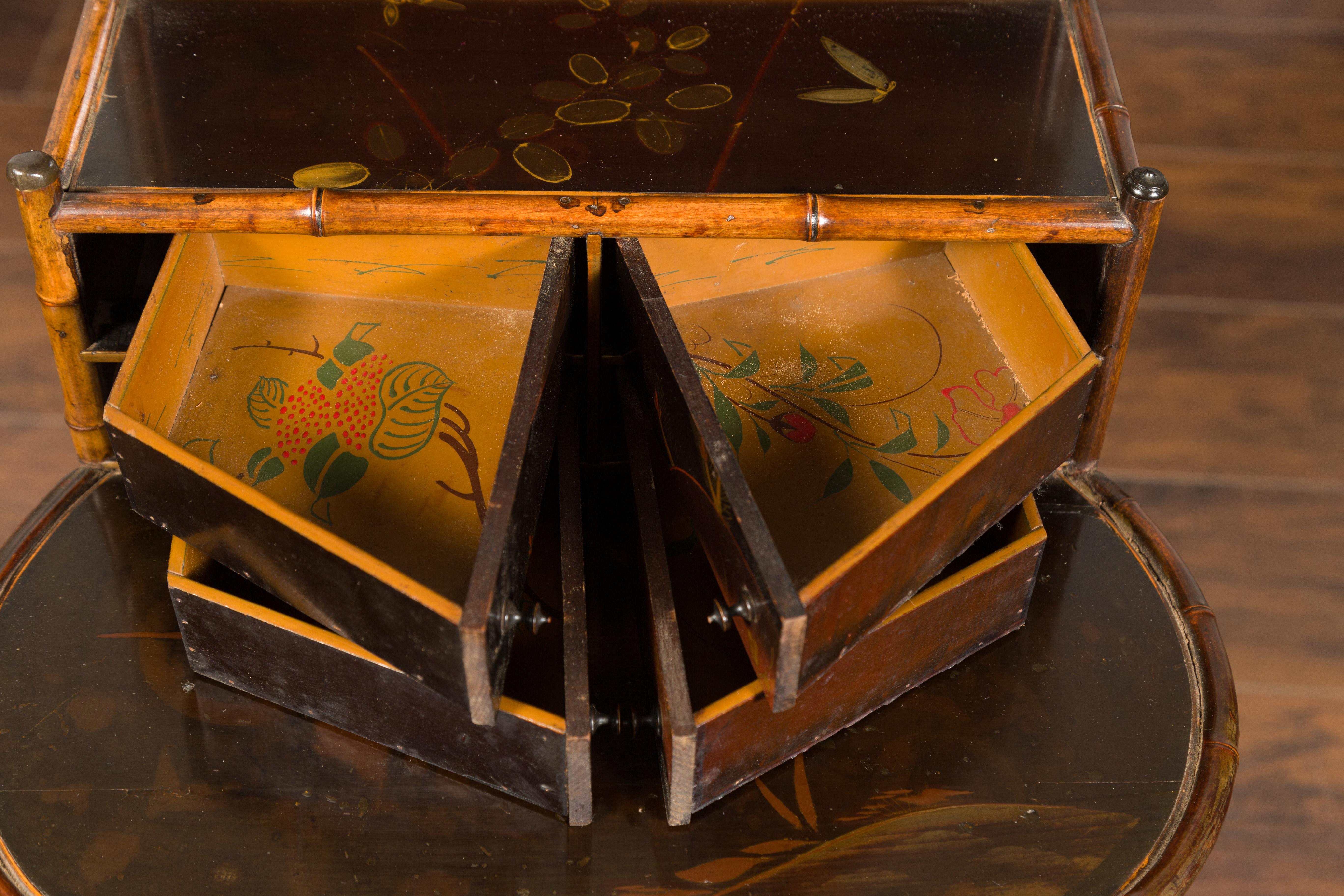 English Chinoiserie Bamboo and Black Lacquer Freestanding Shelf, circa 1900 8