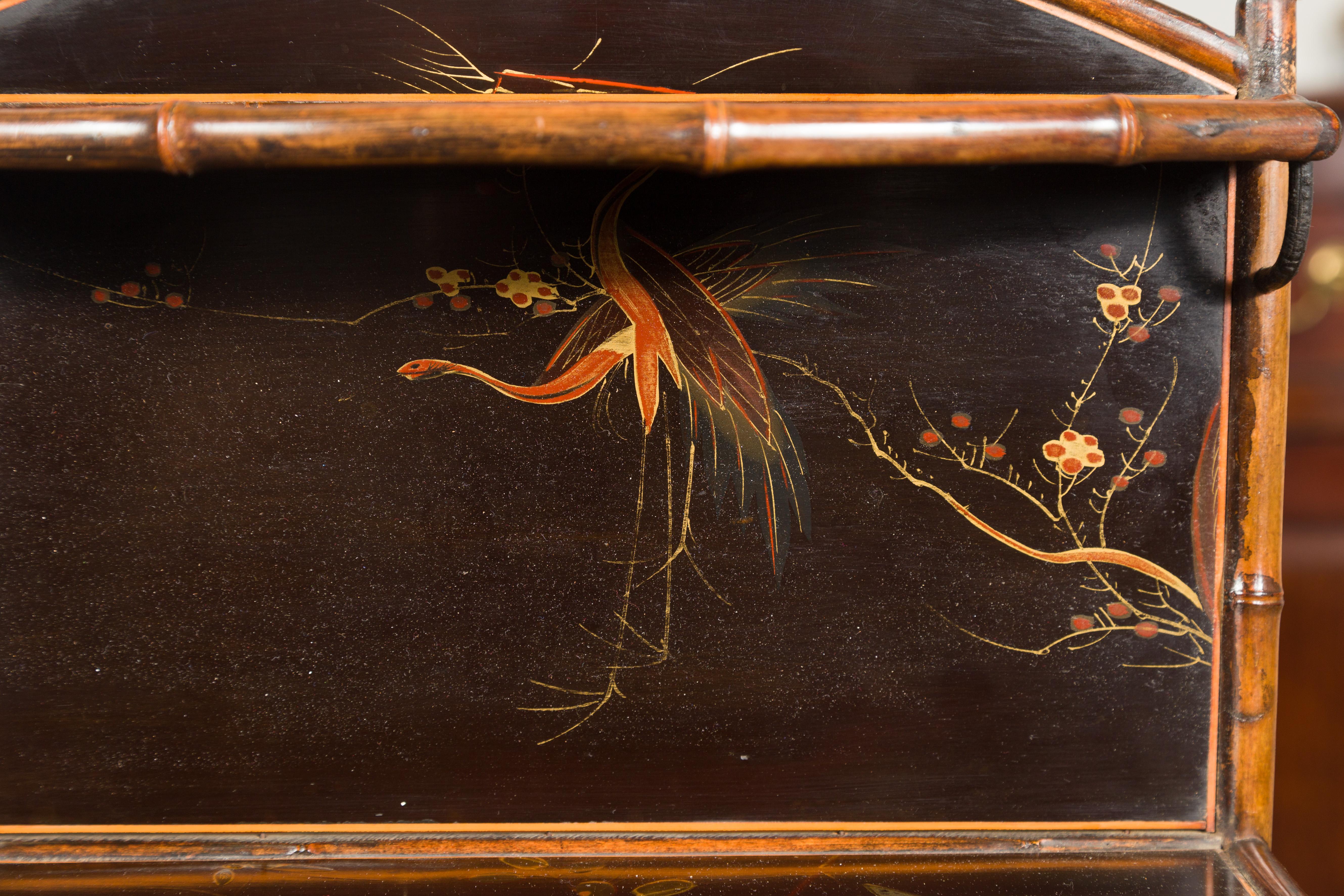 English Chinoiserie Bamboo and Black Lacquer Freestanding Shelf, circa 1900 10