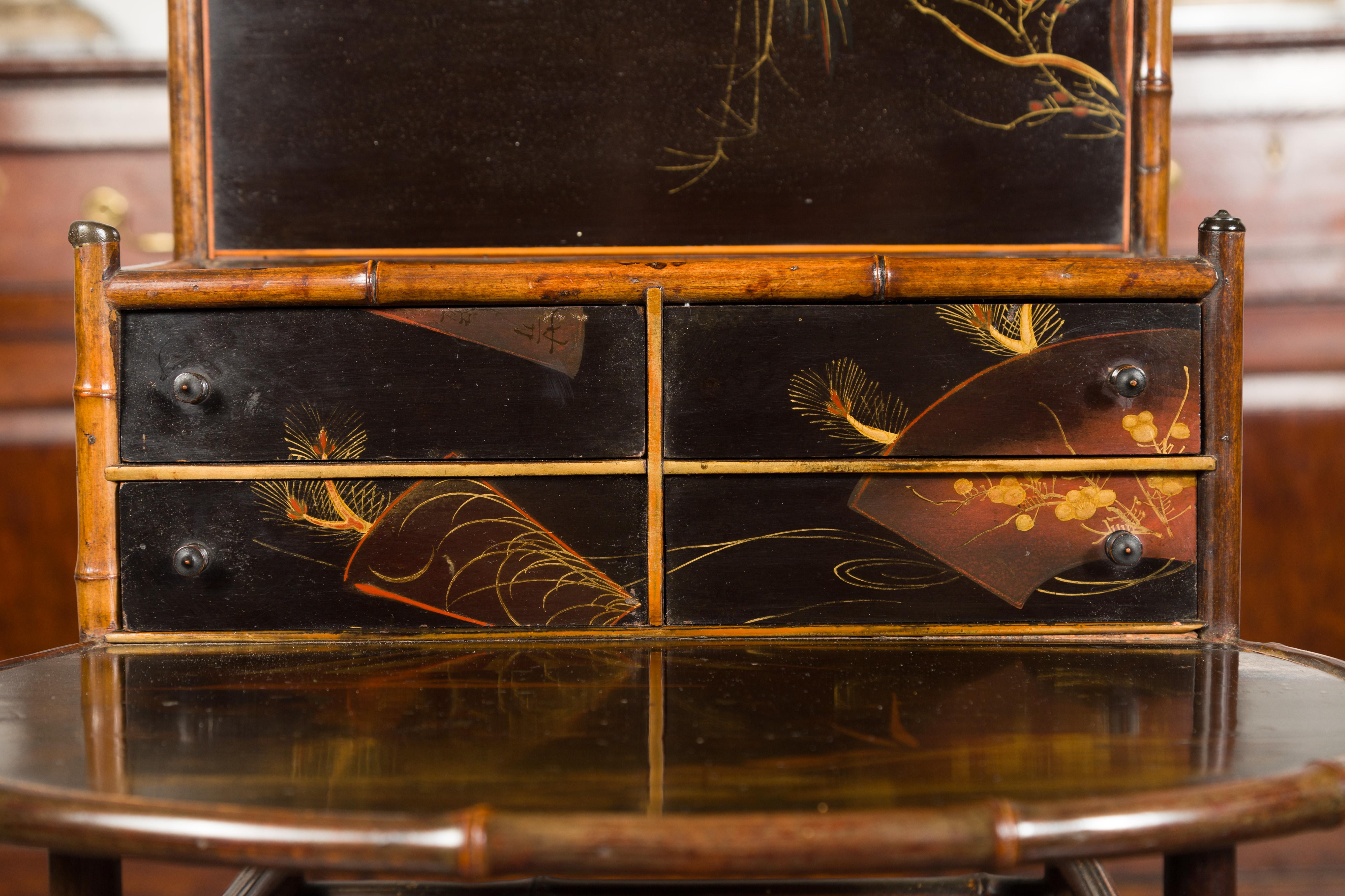 20th Century English Chinoiserie Bamboo and Black Lacquer Freestanding Shelf, circa 1900