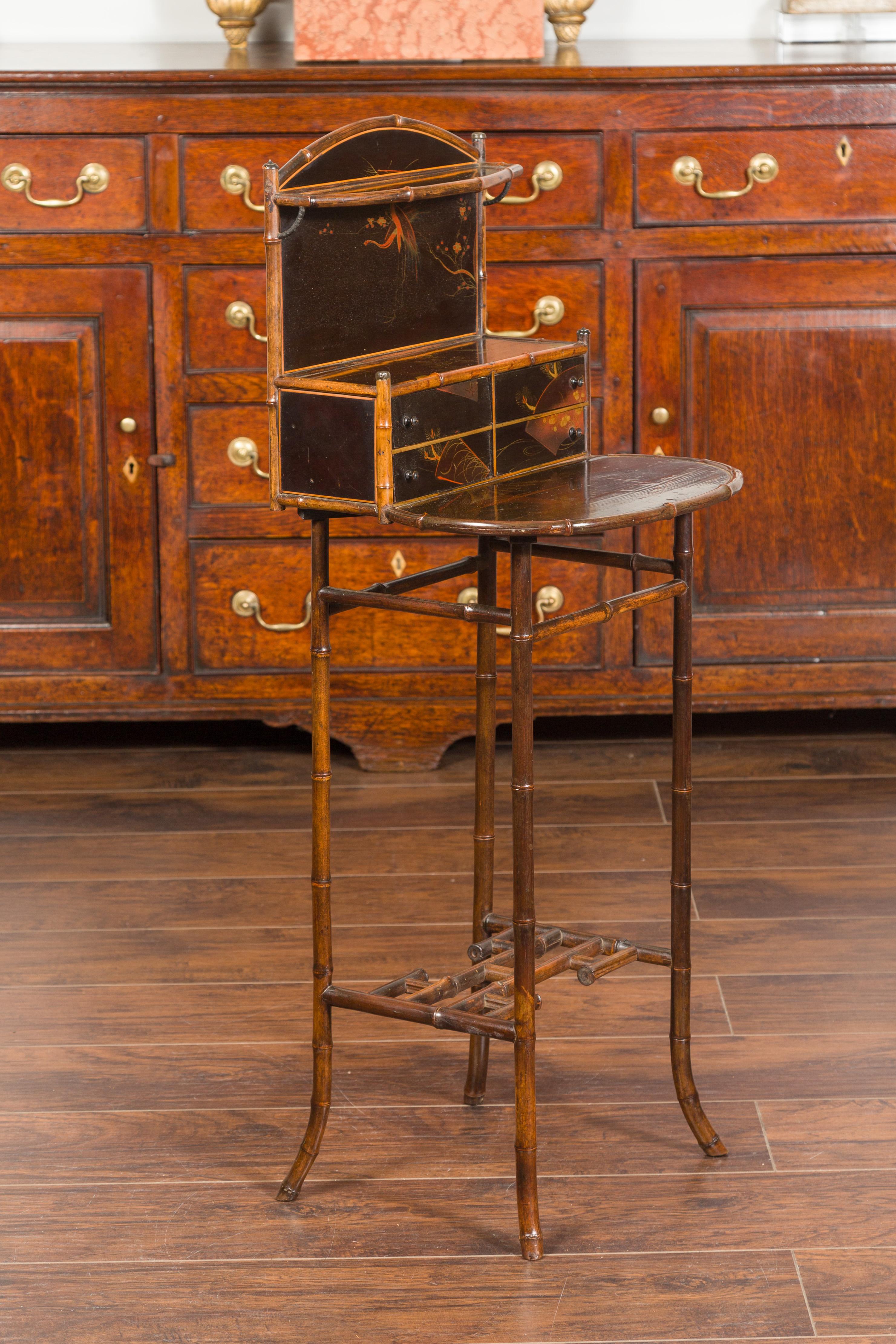 English Chinoiserie Bamboo and Black Lacquer Freestanding Shelf, circa 1900 4