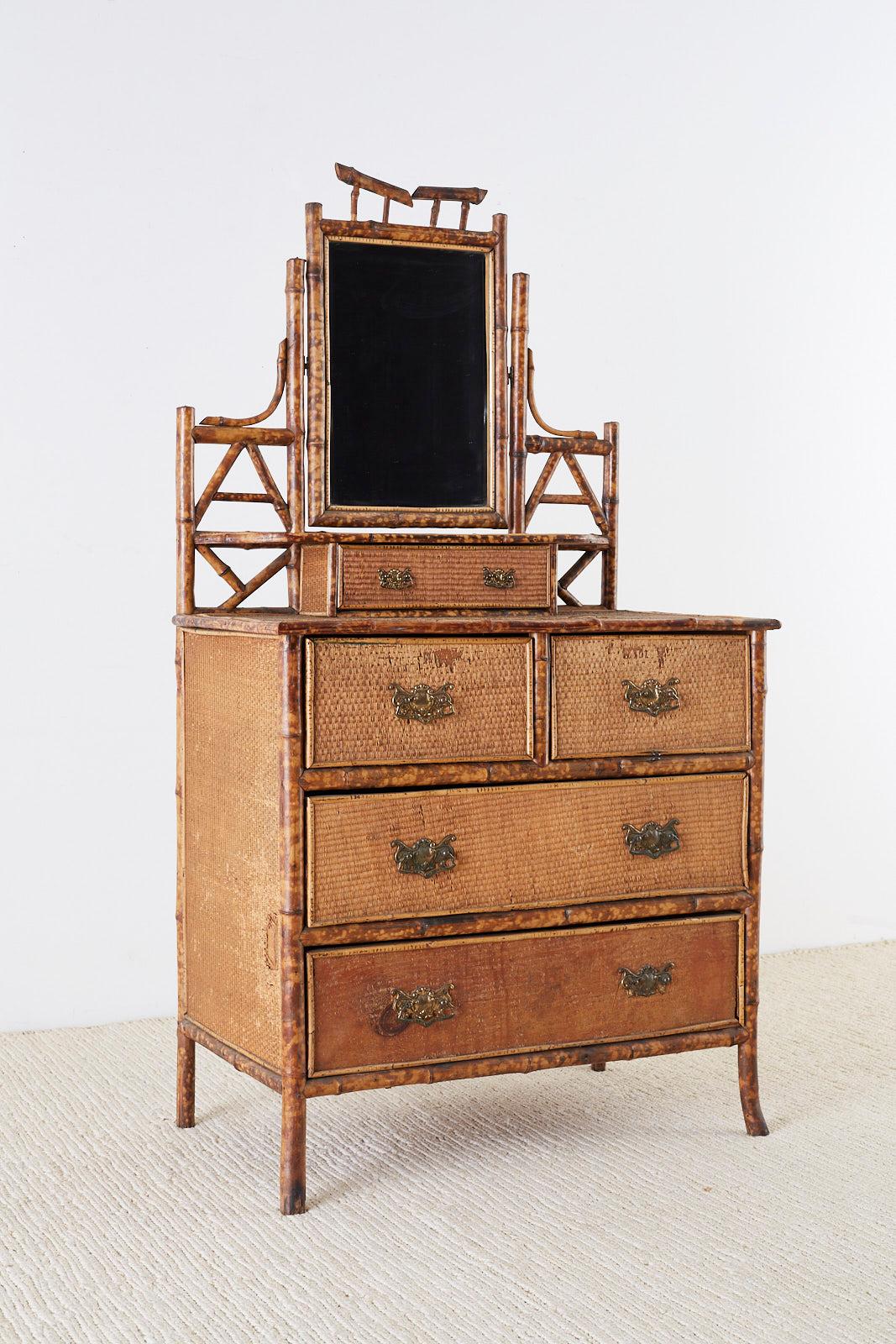 Beveled English Chinoiserie Bamboo Dresser Table with Mirror