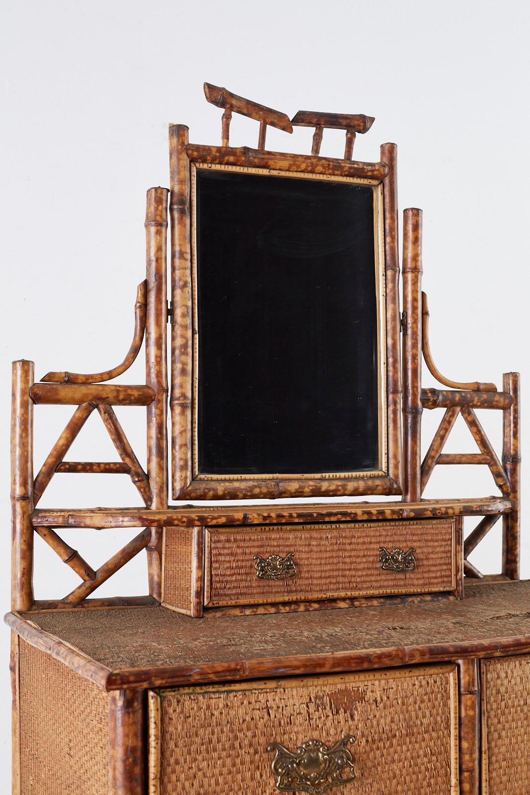 English Chinoiserie Bamboo Dresser Table with Mirror In Distressed Condition In Rio Vista, CA