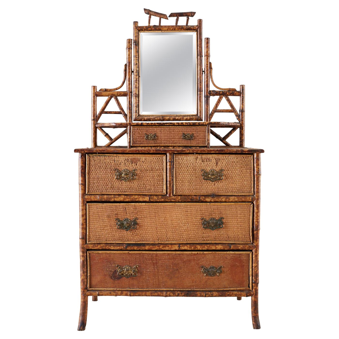 English Chinoiserie Bamboo Dresser Table with Mirror