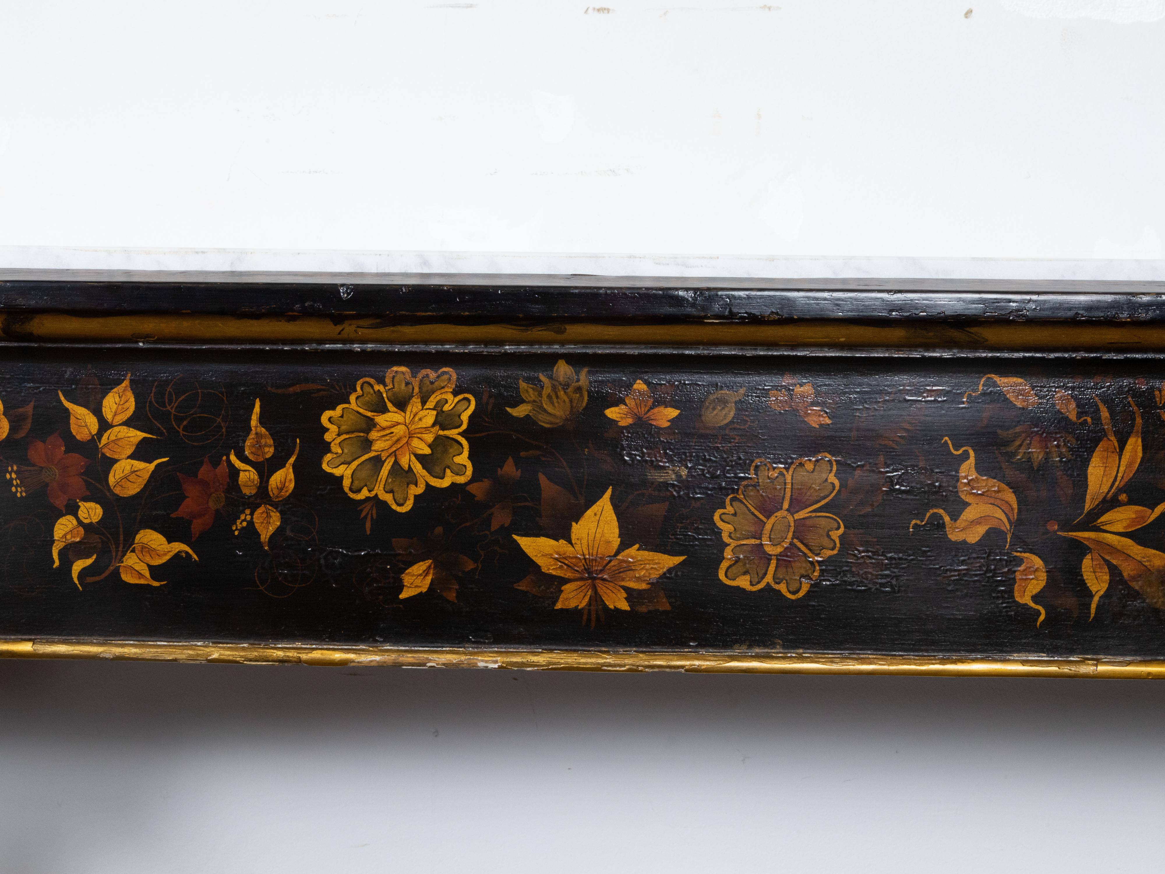 English Chinoiserie Black and Gold Console Tables with White Marble Tops, a Pair For Sale 4