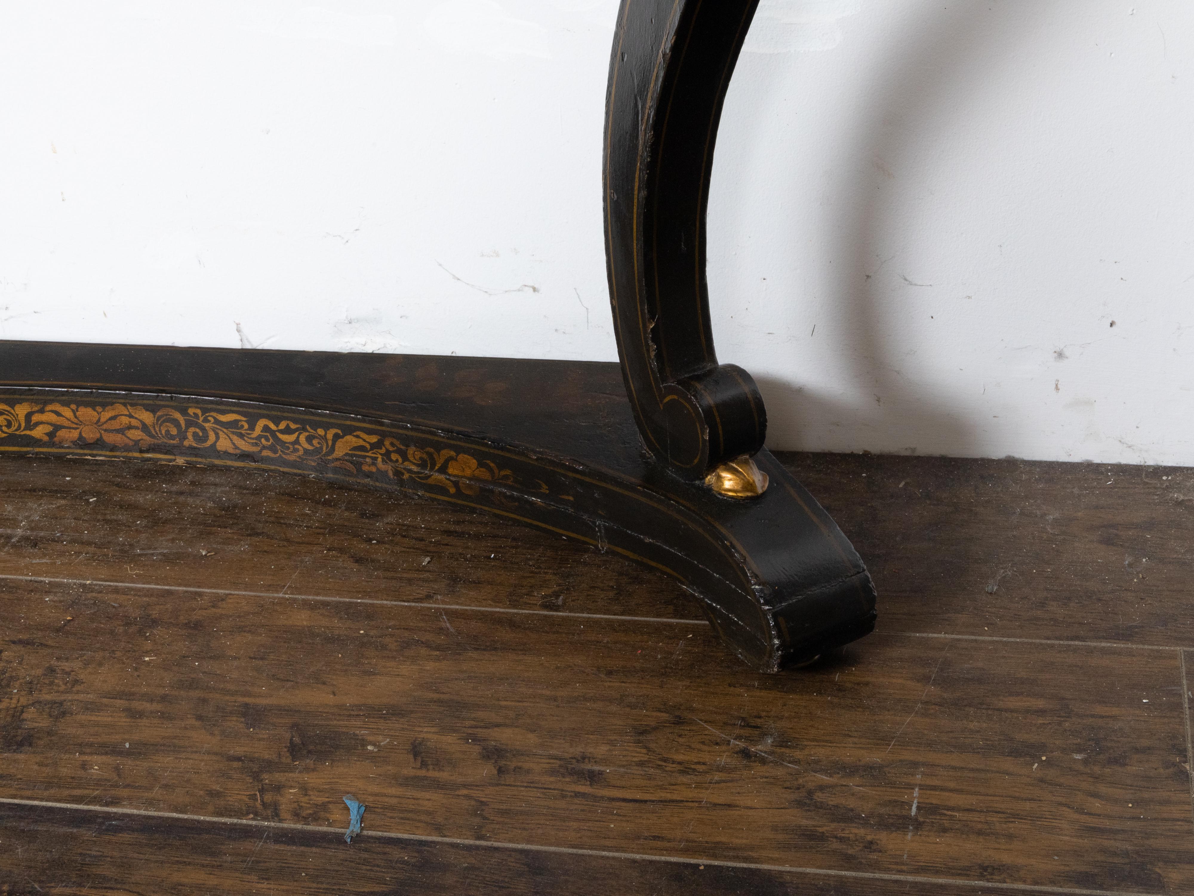 English Chinoiserie Black and Gold Console Tables with White Marble Tops, a Pair For Sale 5