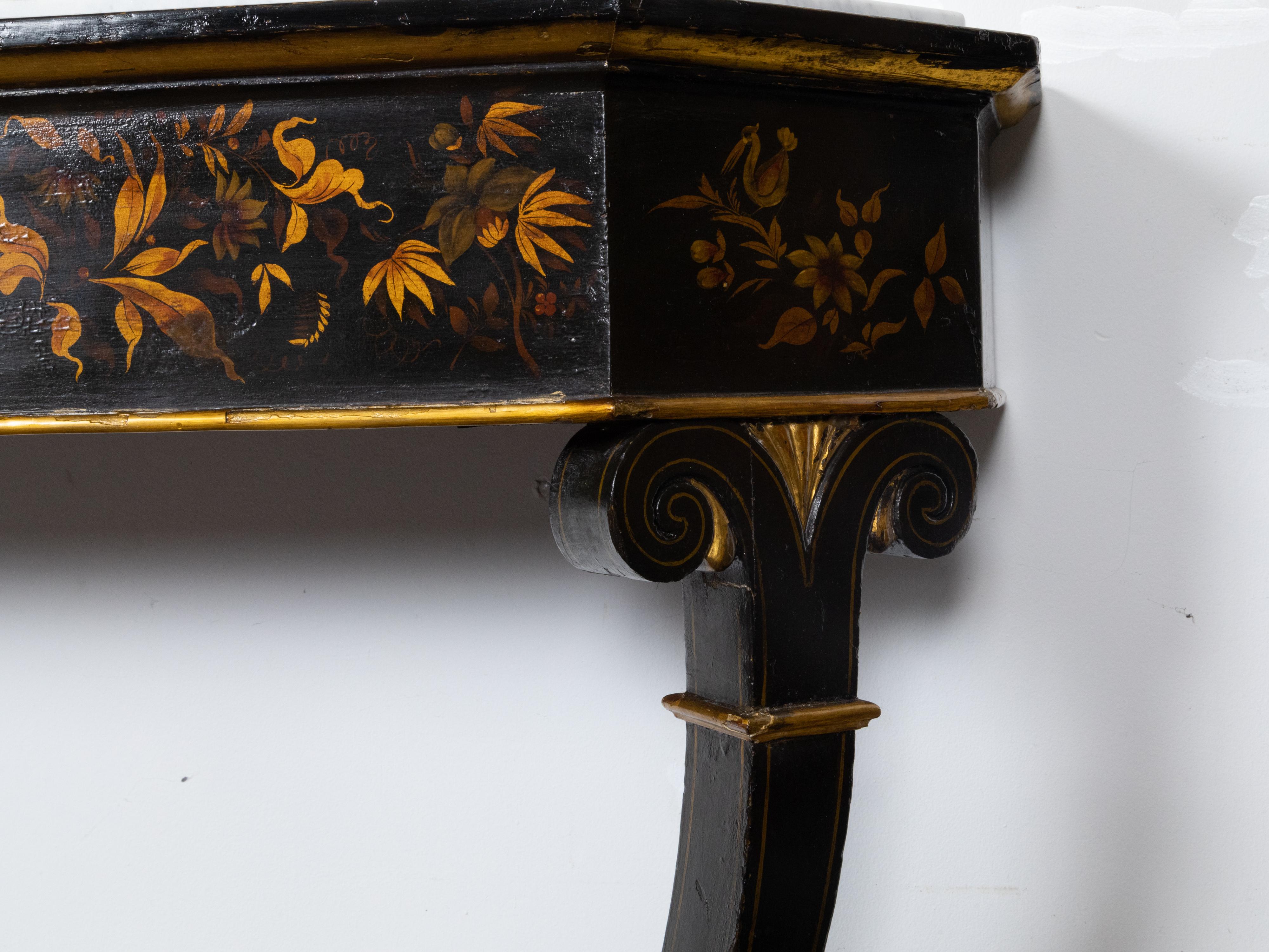 English Chinoiserie Black and Gold Console Tables with White Marble Tops, a Pair For Sale 6