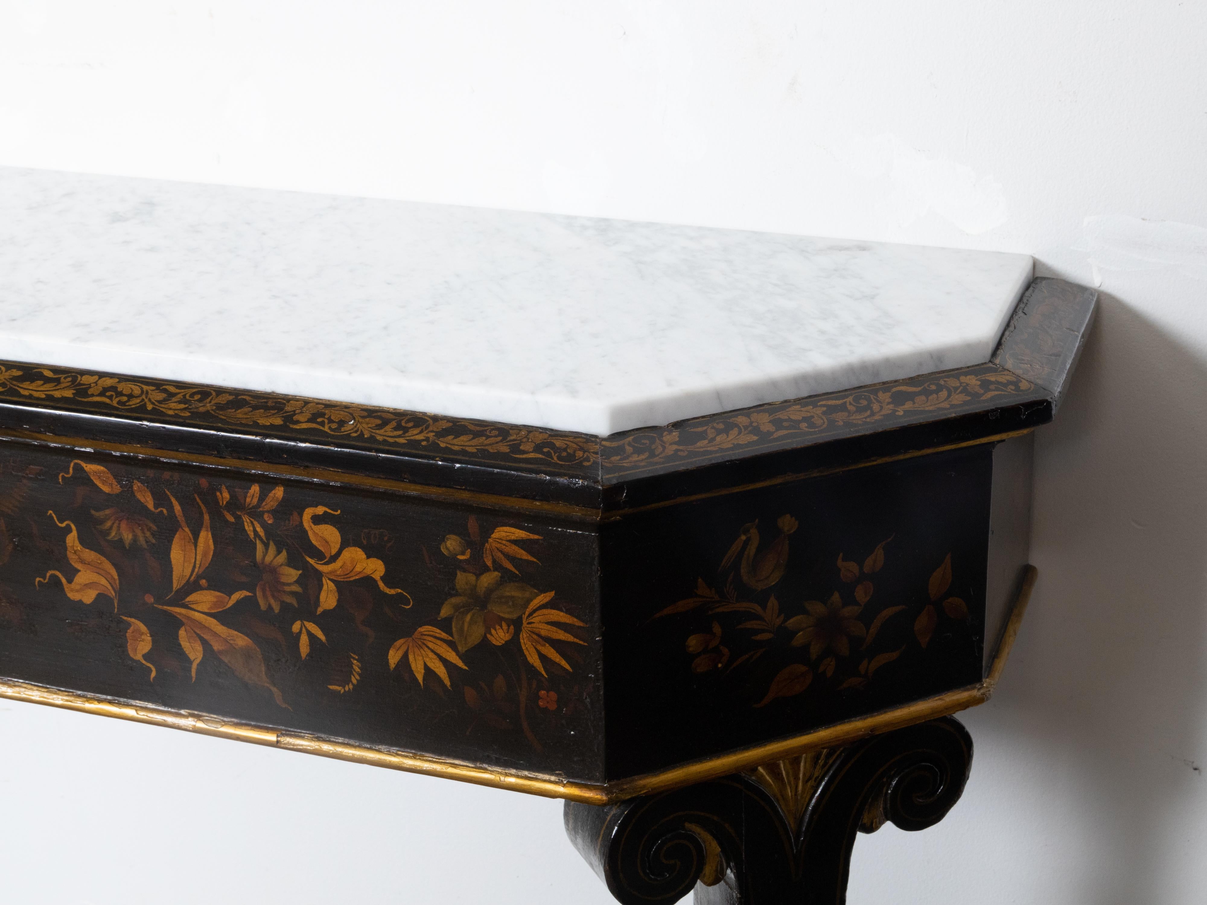 English Chinoiserie Black and Gold Console Tables with White Marble Tops, a Pair For Sale 7
