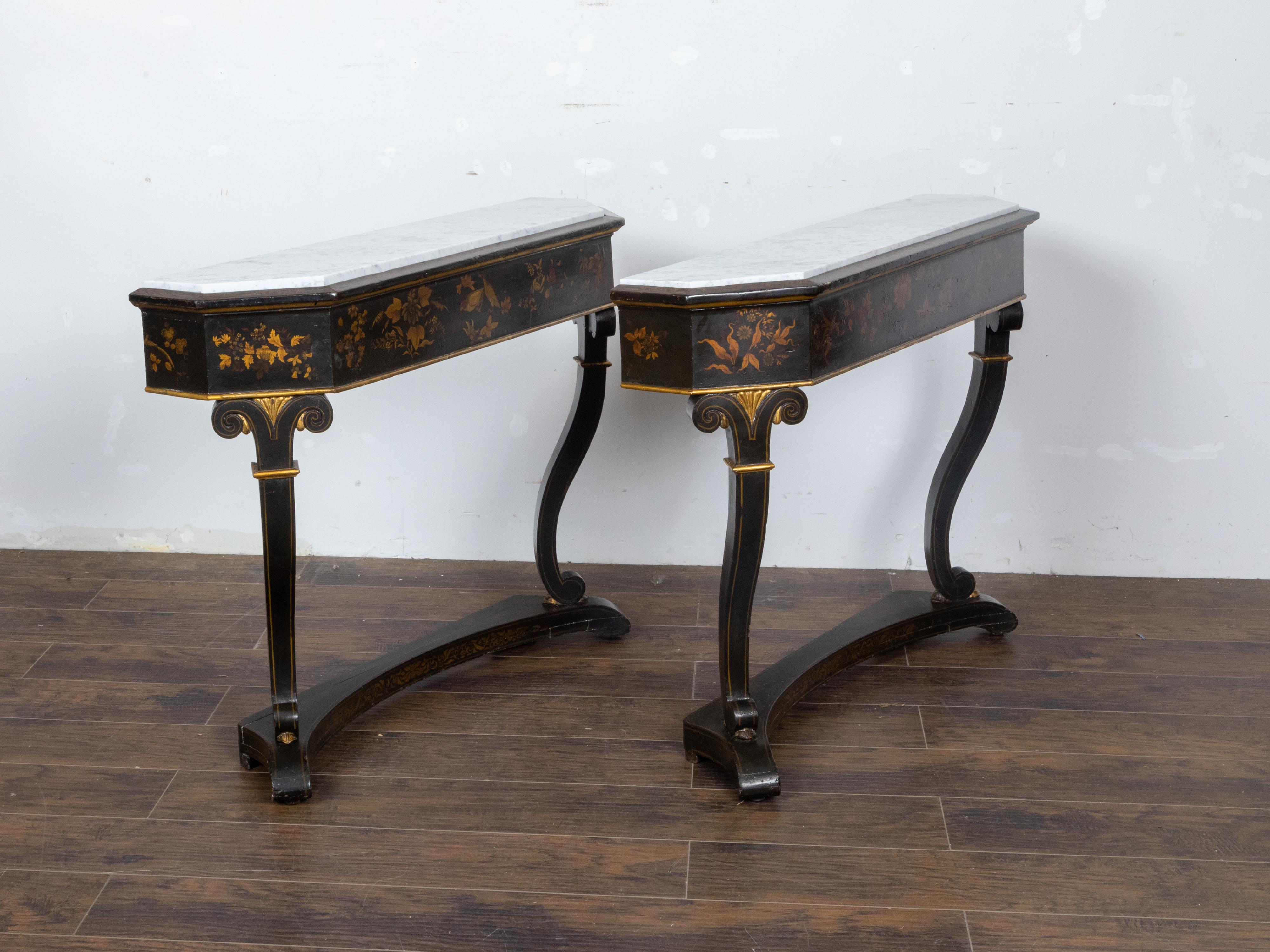 Gilt English Chinoiserie Black and Gold Console Tables with White Marble Tops, a Pair For Sale