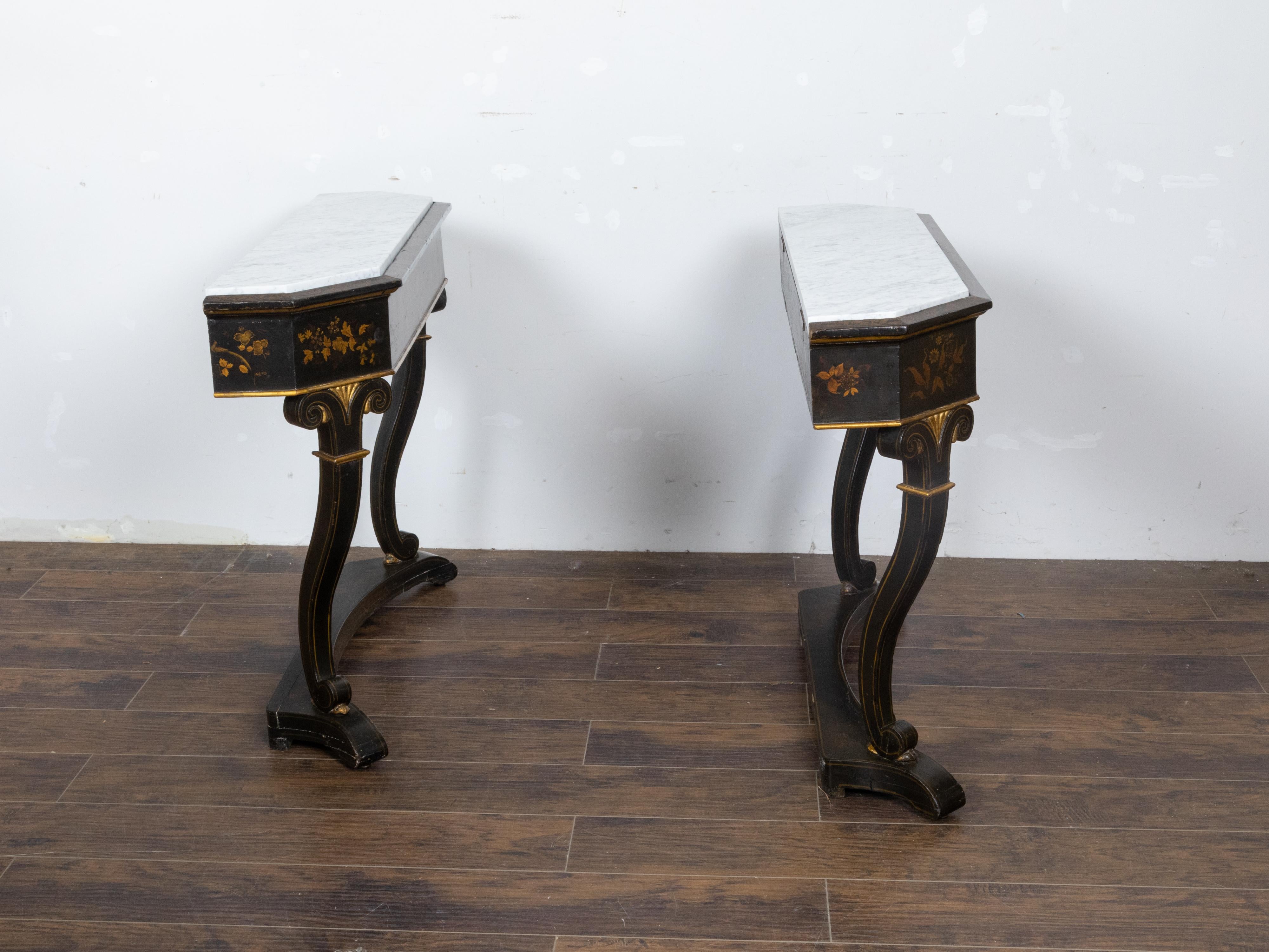 English Chinoiserie Black and Gold Console Tables with White Marble Tops, a Pair In Good Condition For Sale In Atlanta, GA