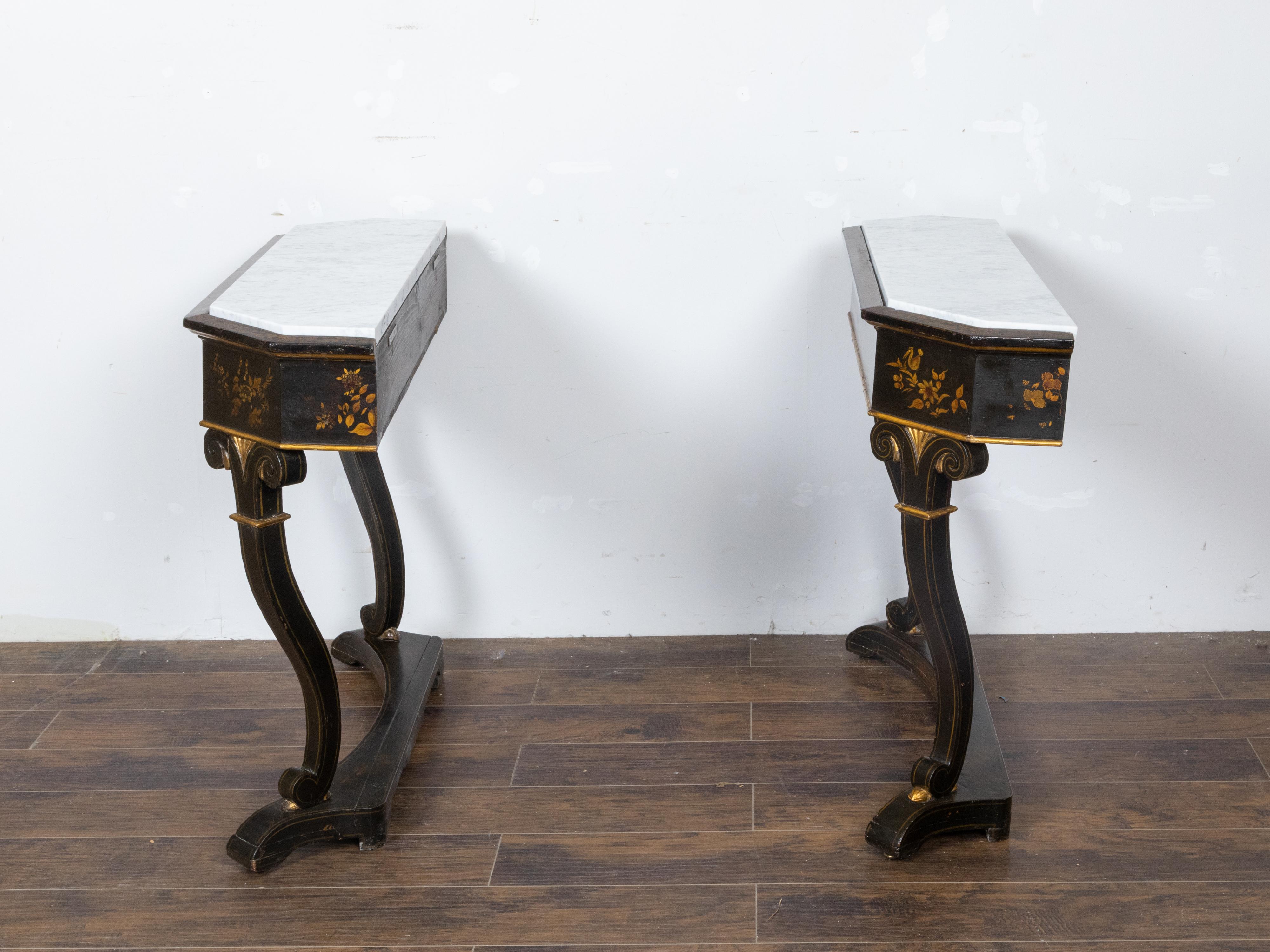 Wood English Chinoiserie Black and Gold Console Tables with White Marble Tops, a Pair For Sale