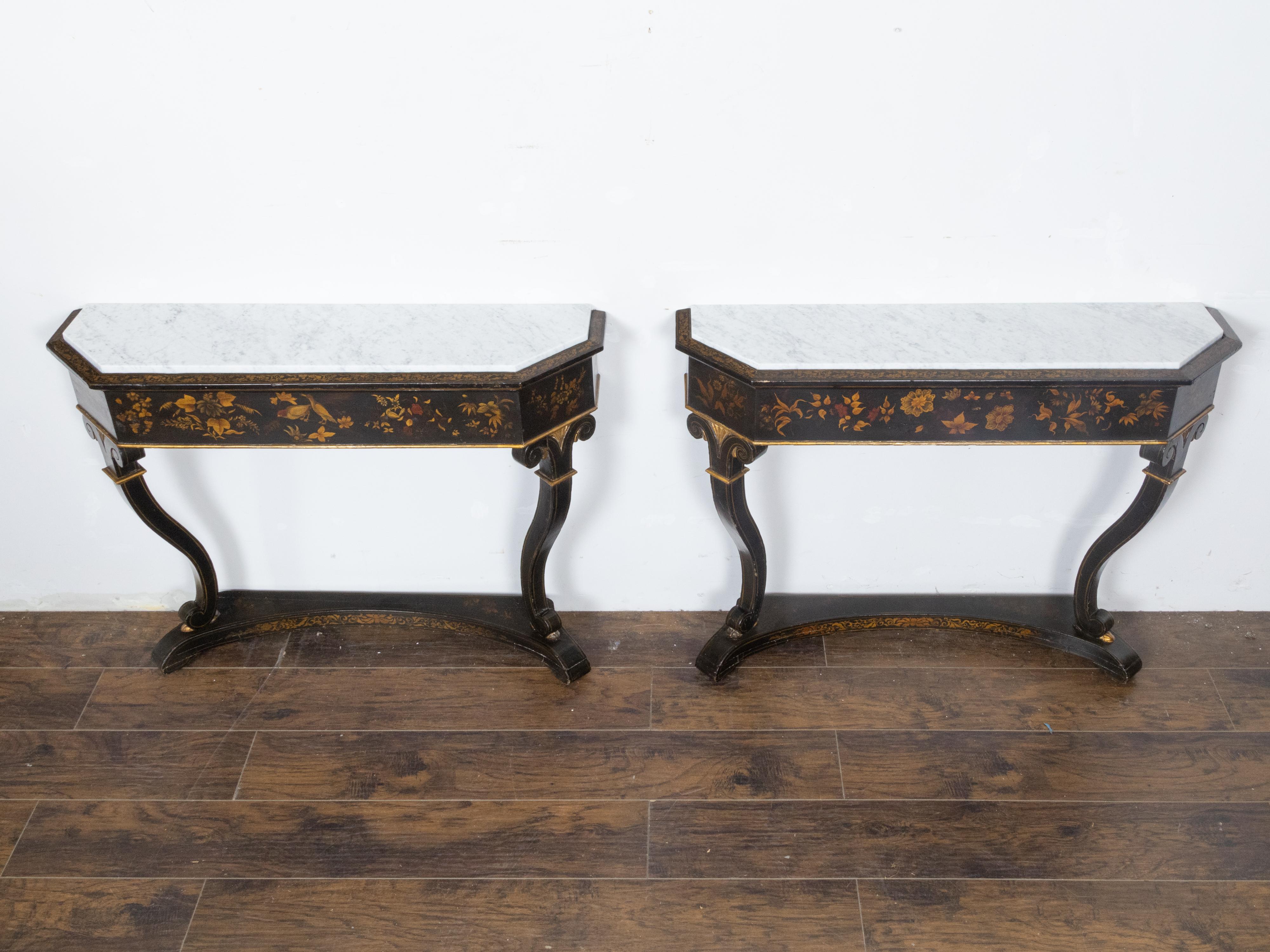 English Chinoiserie Black and Gold Console Tables with White Marble Tops, a Pair For Sale 1