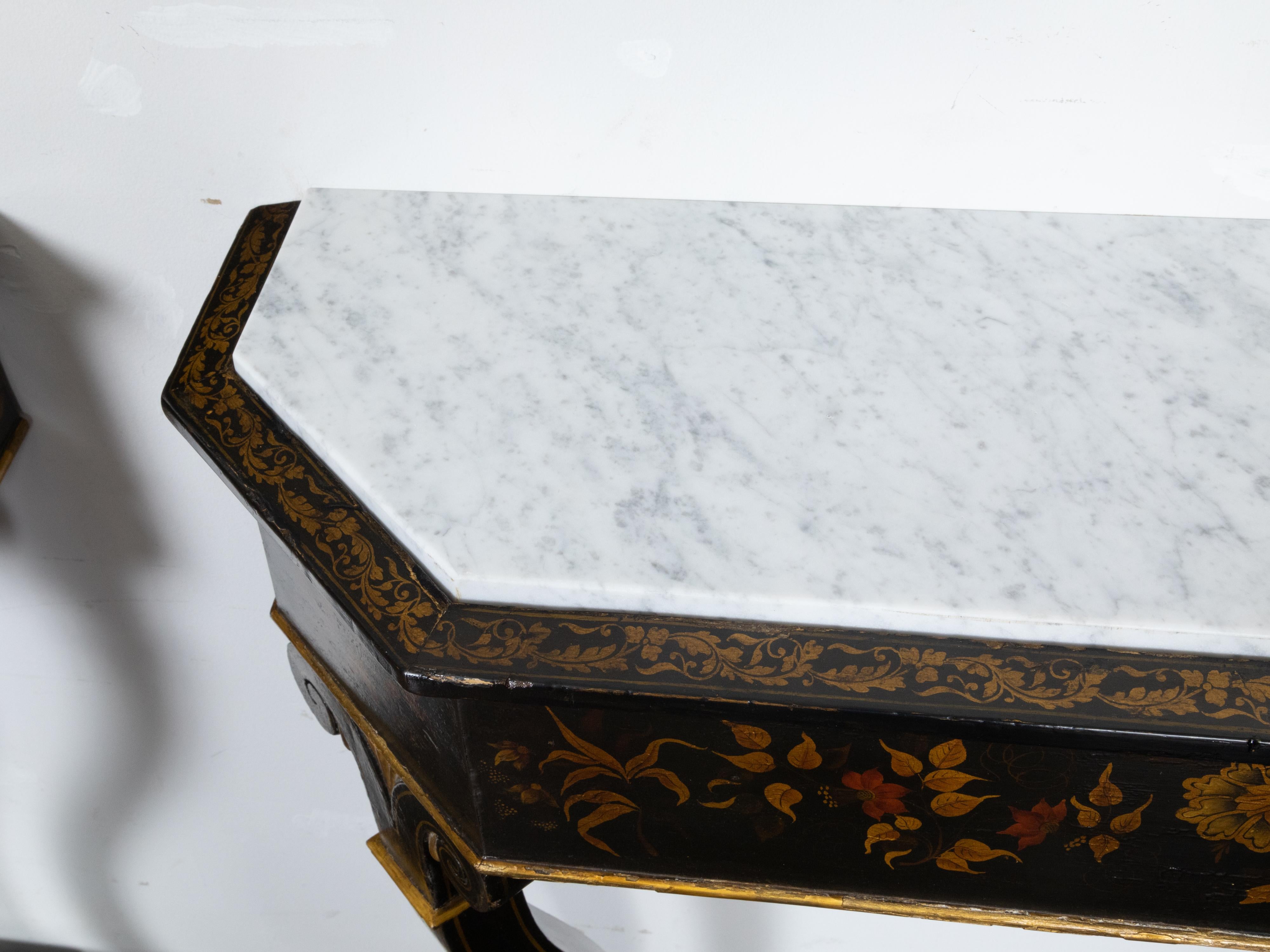 English Chinoiserie Black and Gold Console Tables with White Marble Tops, a Pair For Sale 2
