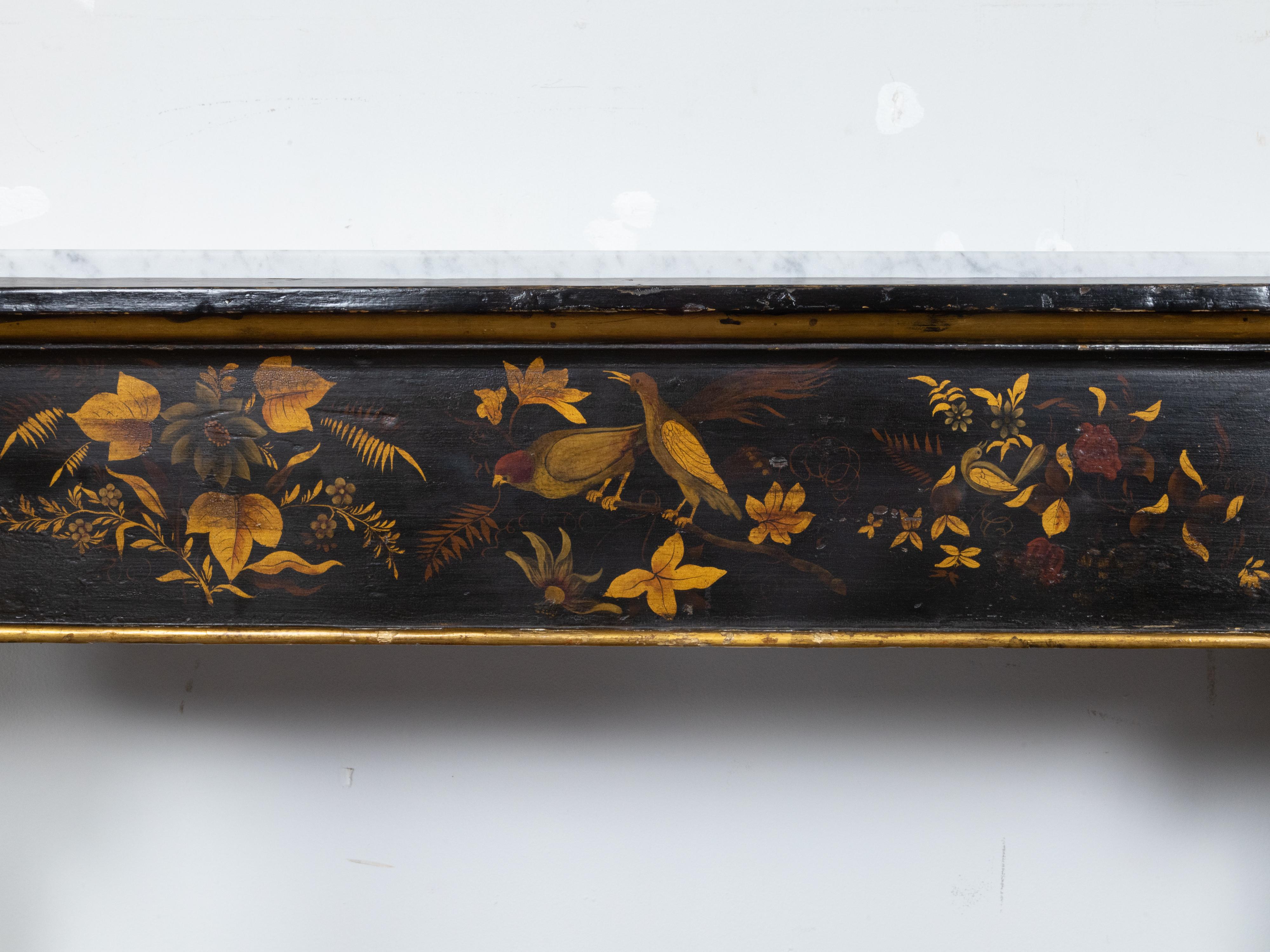 English Chinoiserie Black and Gold Console Tables with White Marble Tops, a Pair For Sale 3