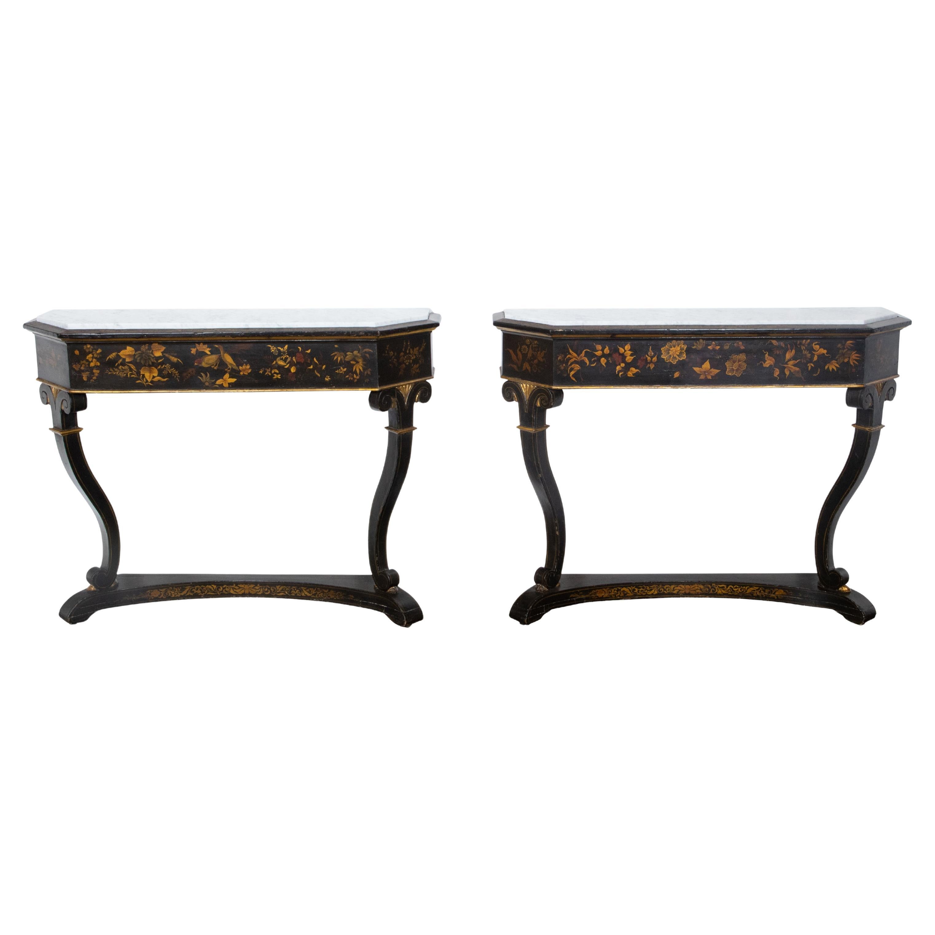 English Chinoiserie Black and Gold Console Tables with White Marble Tops, a Pair