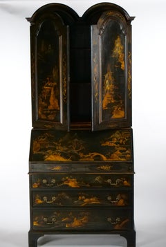 English Chinoiserie Black and Gold Tall Secretary / Slant Front Desk