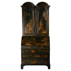 Vintage English Chinoiserie Black and Gold Tall Secretary / Slant Front Desk