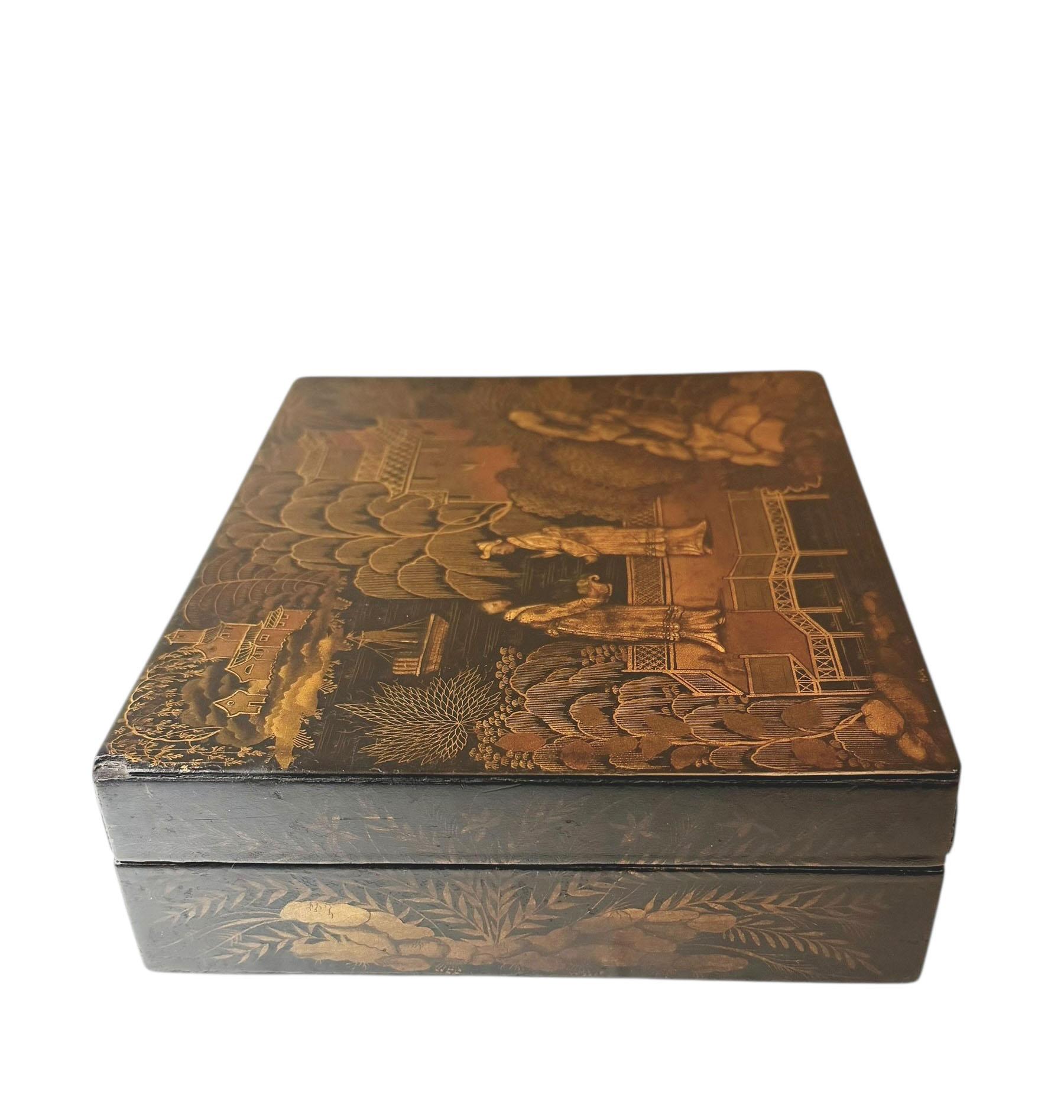 Englische Chinoiserie-Box aus schwarzem Lack, frühe Regency-Periode im Zustand „Gut“ im Angebot in Tampa, FL