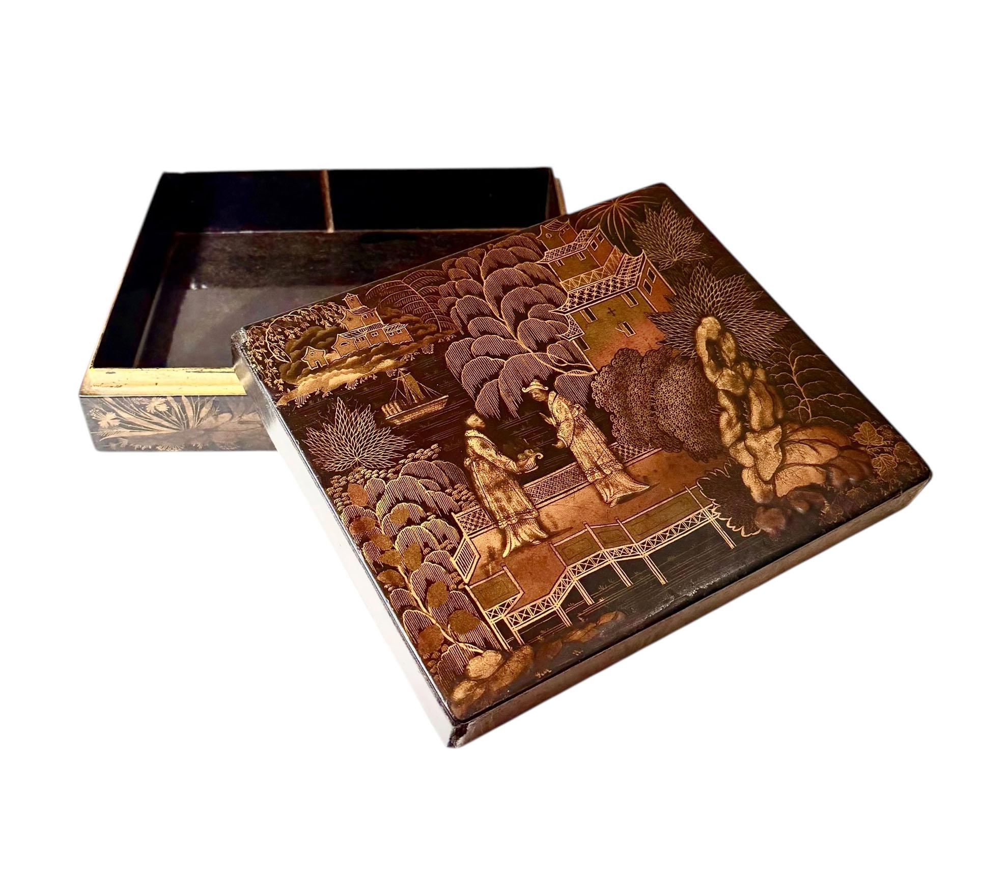 Englische Chinoiserie-Box aus schwarzem Lack, frühe Regency-Periode (Holz) im Angebot