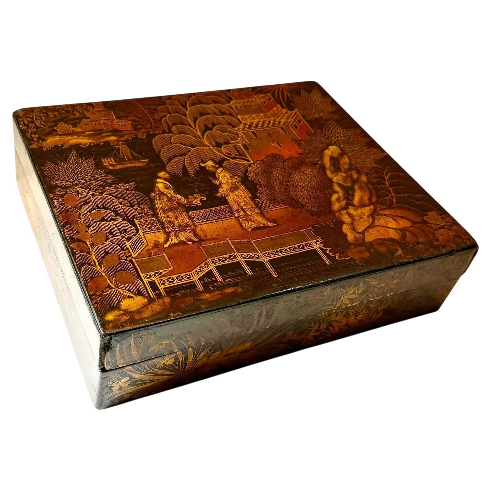 English Chinoiserie Black Lacquer Box, Early Regency Period