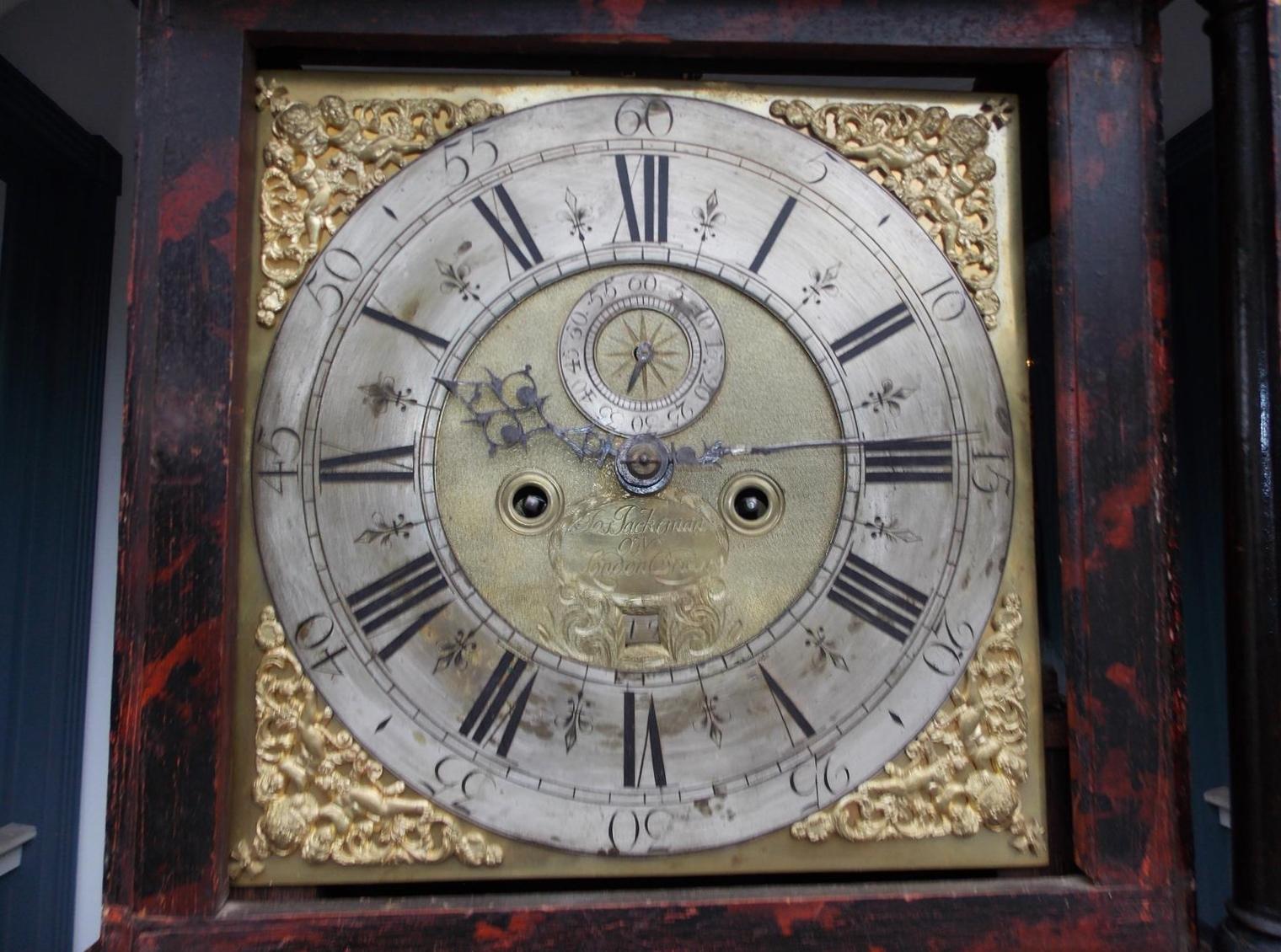 Cast English Chinoiserie Black Lacquered Tall Case Clock, Maker J. Jackeman, C. 1680