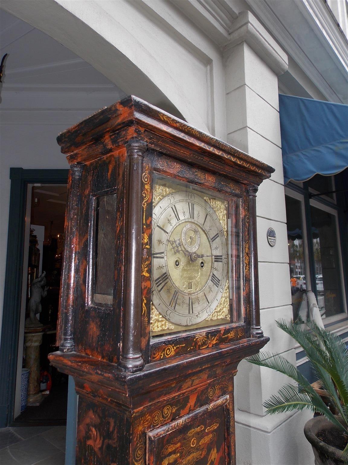 Gold English Chinoiserie Black Lacquered Tall Case Clock, Maker J. Jackeman, C. 1680