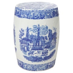 English Chinoiserie Blue Decorated Pottery Garden Seat, Circa 1940