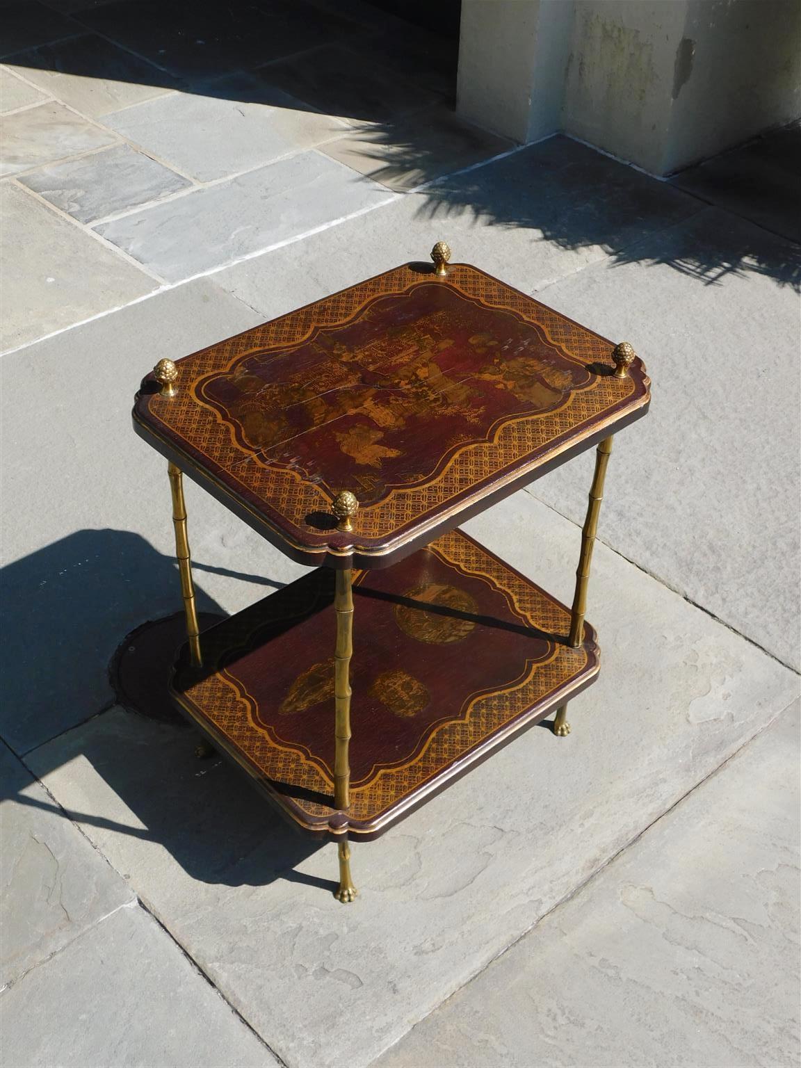 William IV English Chinoiserie & Brass Finial Two Tiered Side Table with Claw Feet, C. 1850 For Sale