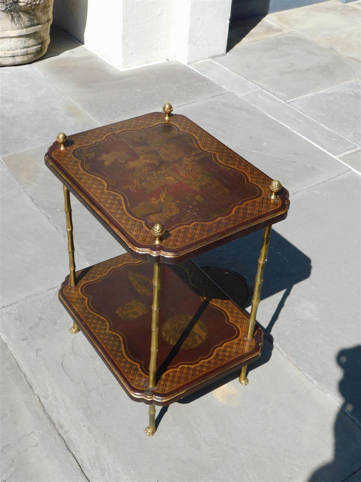 Hand-Carved English Chinoiserie & Brass Finial Two Tiered Side Table with Claw Feet, C. 1850 For Sale