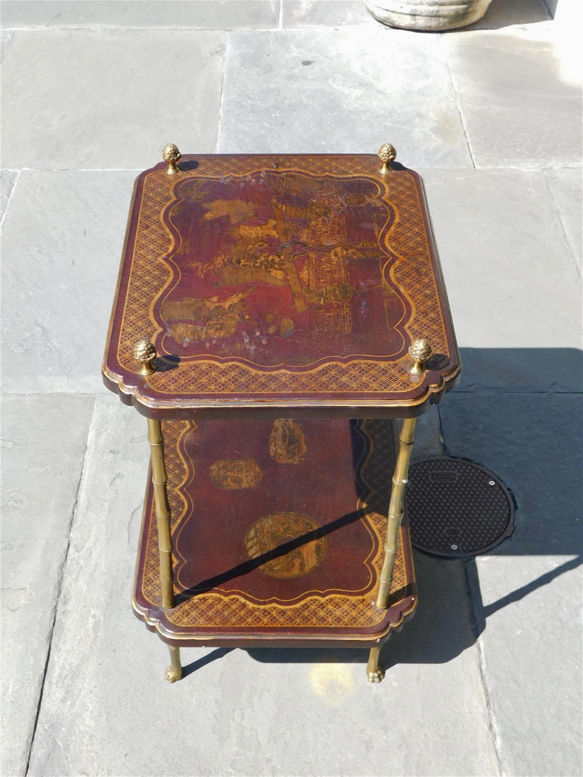 English Chinoiserie & Brass Finial Two Tiered Side Table with Claw Feet, C. 1850 In Excellent Condition For Sale In Hollywood, SC