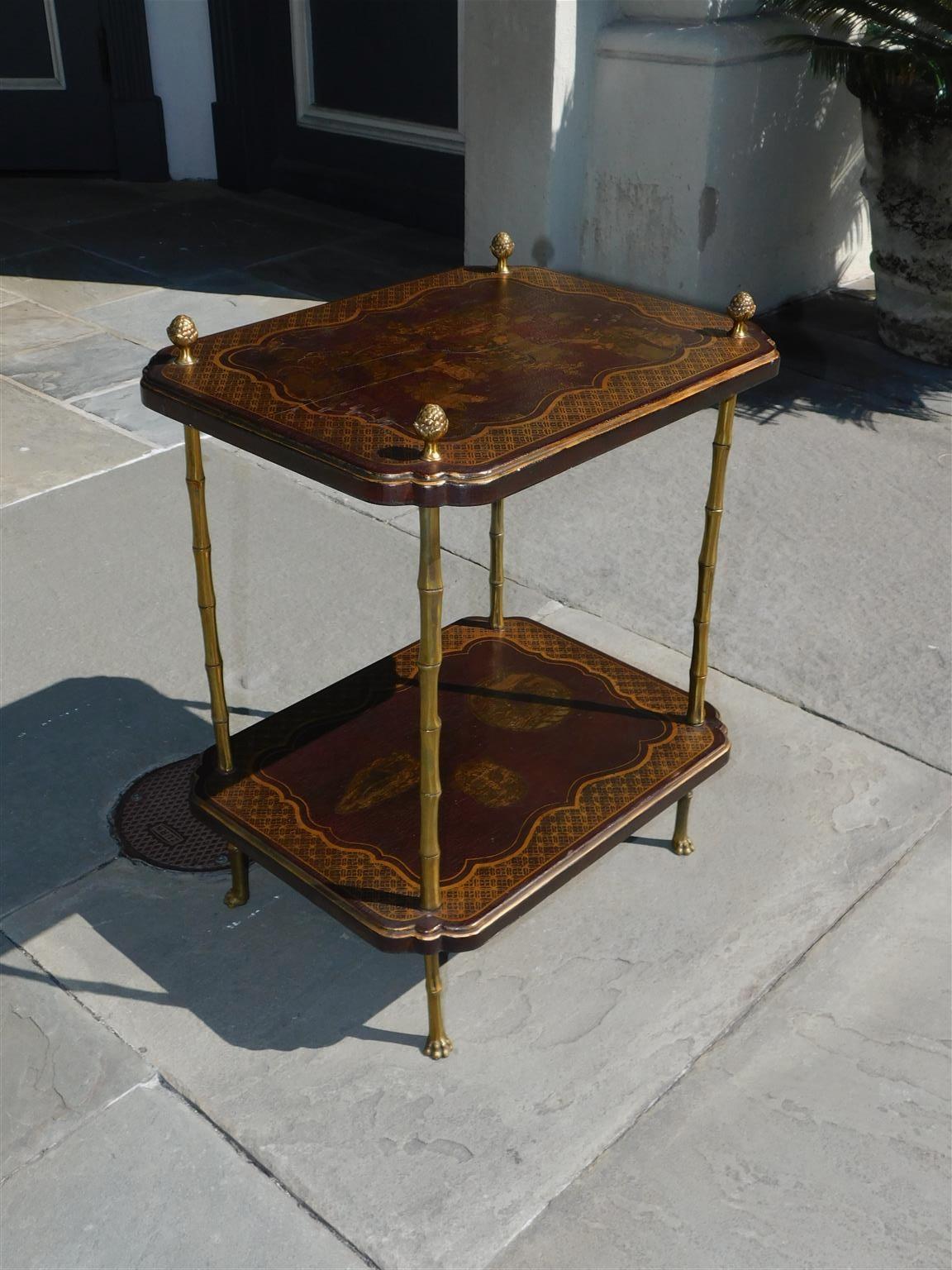 Mid-19th Century English Chinoiserie & Brass Finial Two Tiered Side Table with Claw Feet, C. 1850 For Sale