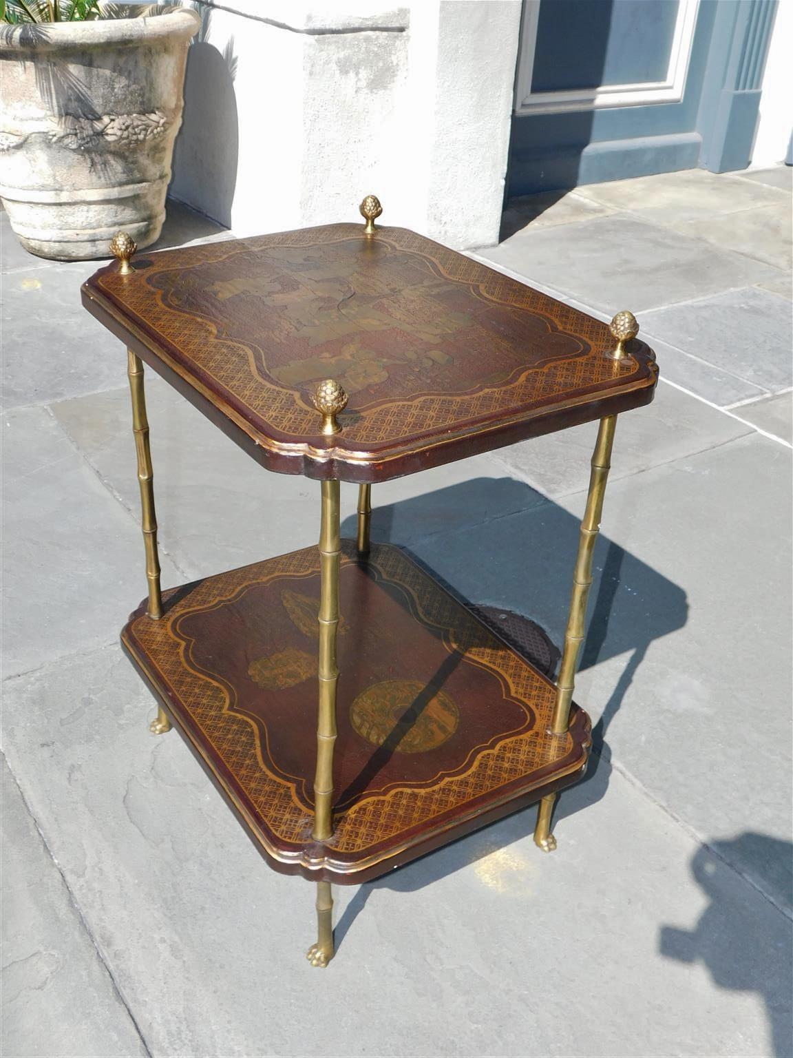 Paint English Chinoiserie & Brass Finial Two Tiered Side Table with Claw Feet, C. 1850 For Sale