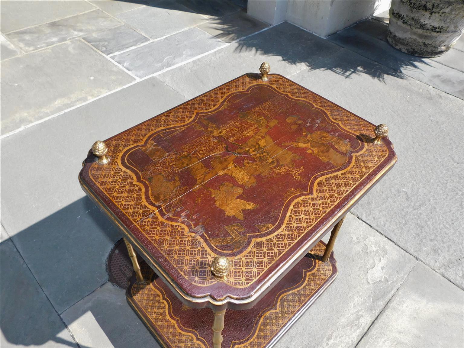 English Chinoiserie & Brass Finial Two Tiered Side Table with Claw Feet, C. 1850 For Sale 1