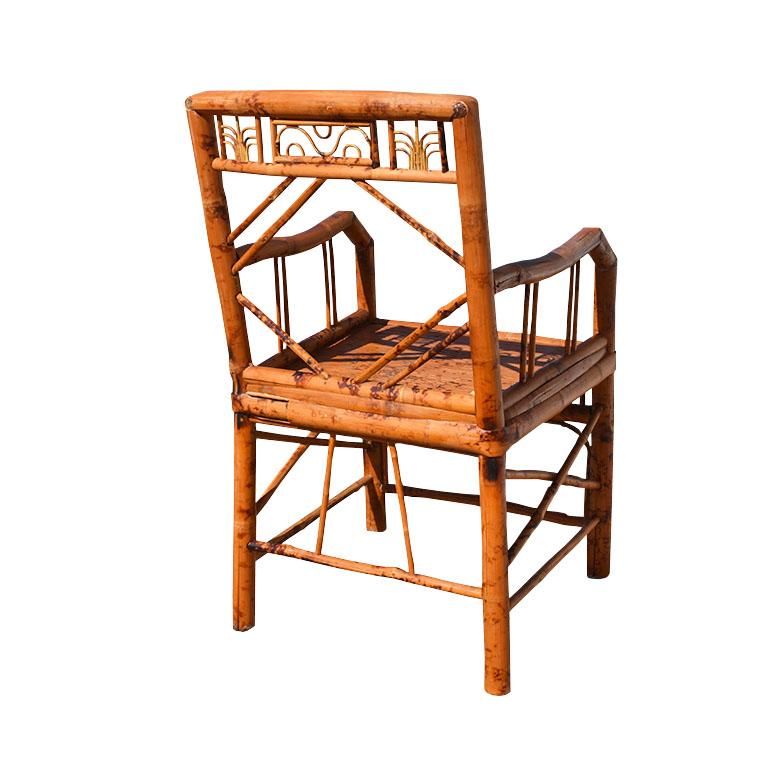 Southeast Asian English Chinoiserie Burnt Bamboo Chippendale Arm Chair For Sale