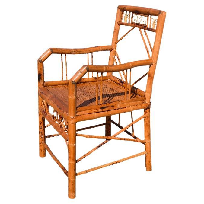 English Chinoiserie Burnt Bamboo Chippendale Arm Chair For Sale