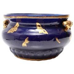 English Chinoiserie Cobalt & Gilt Jardiniere With Fox Handles