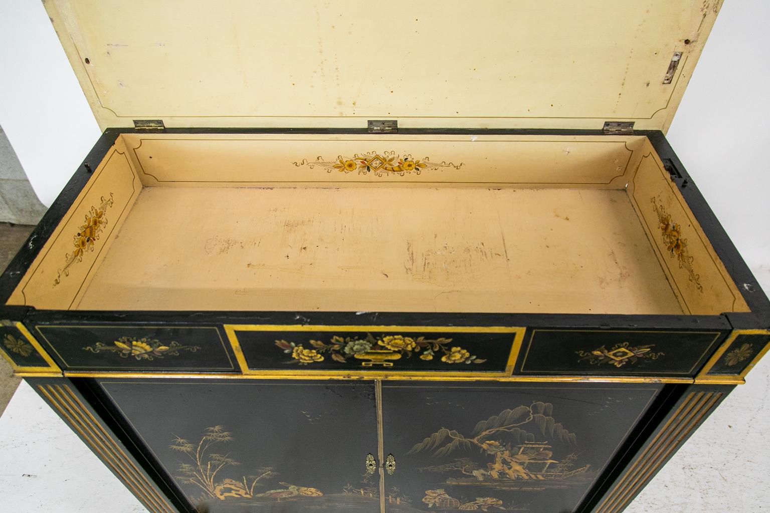 Hand-Painted English Chinoiserie Console Cabinet