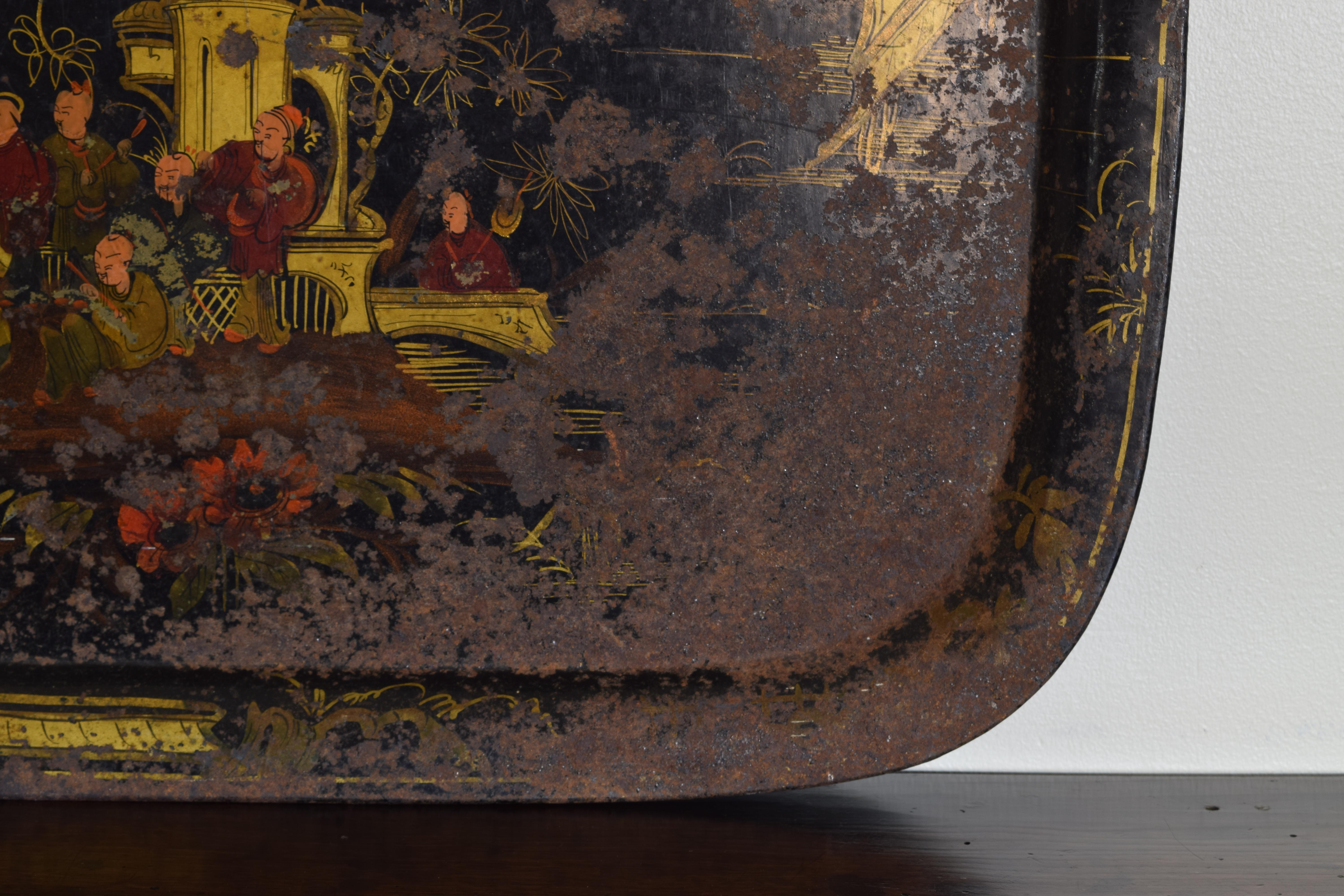 English Chinoiserie Decorated Tole Tray, Third Quarter of the 19th Century In Fair Condition In Atlanta, GA