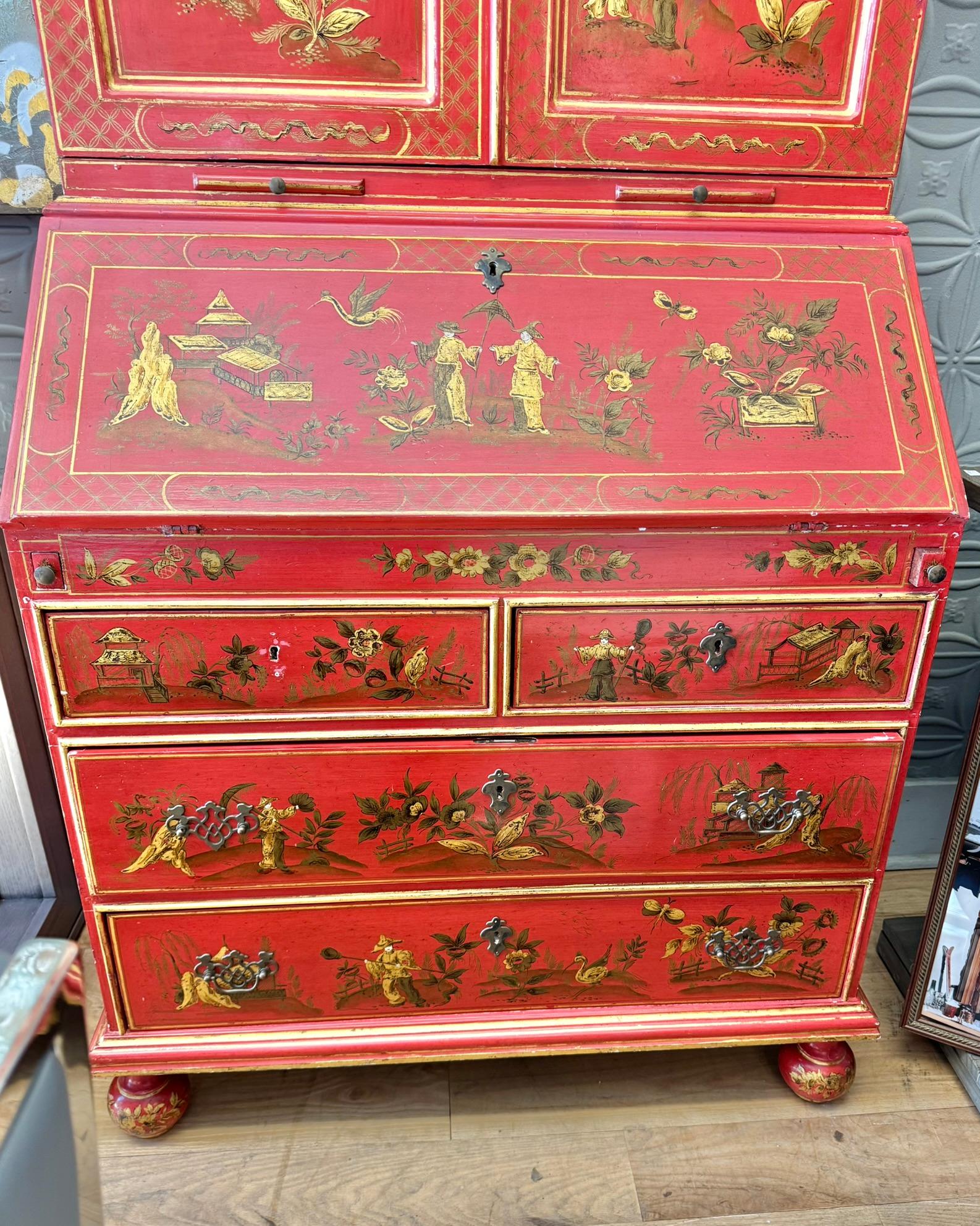 Secretario de Gabinete Inglés Chinoiserie Estilo Georgiano Japanned Escarlata Bermellón Italiano en venta