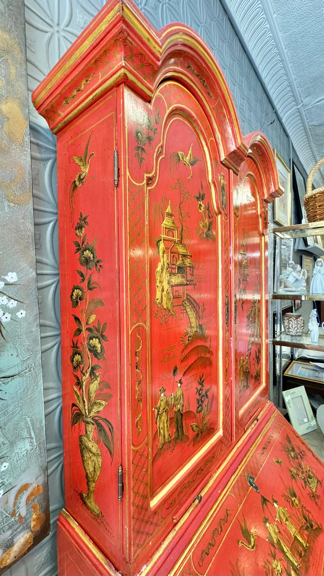 Secretario de Gabinete Inglés Chinoiserie Estilo Georgiano Japanned Escarlata Bermellón Japonizado en venta